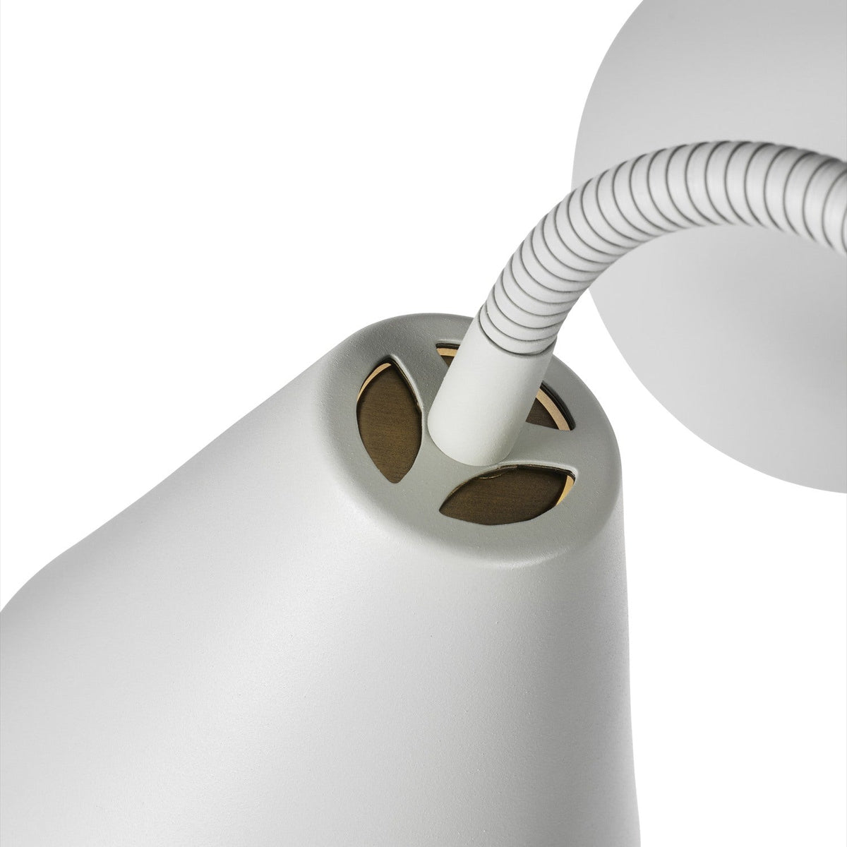 Close-up of the Hygge 2 Light Floor Lamp in warm grey, showing a white cone shade with ribbed gooseneck arm and brass collar detail against a plain white background.