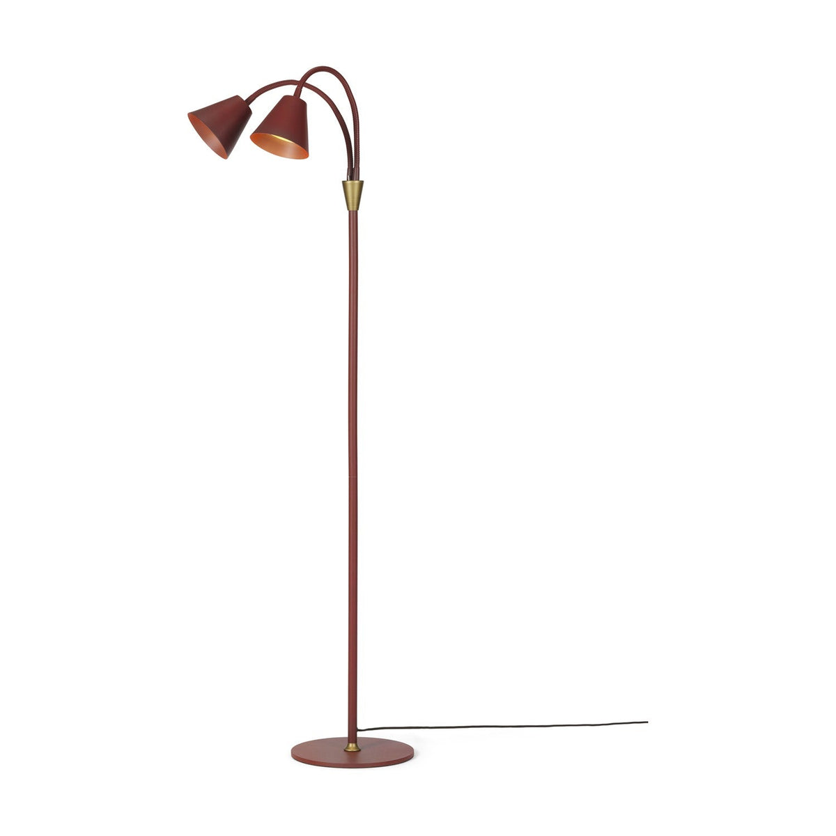 Hygge 2 Light Floor Lamp in maroon with slim stem, round disc base, brass collar, and two adjustable goosenecks holding cone shades on a plain white background.