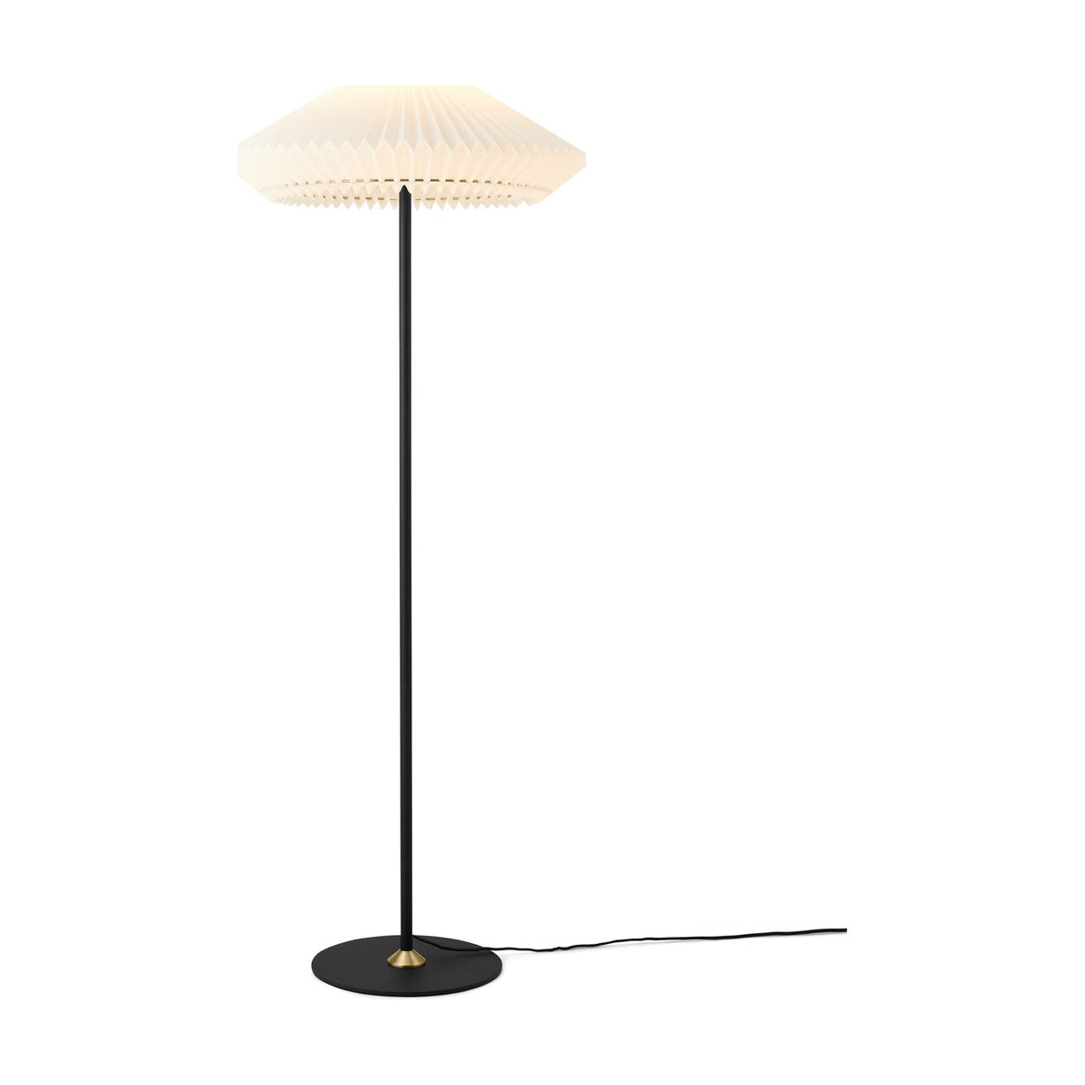 Paris Clean Floor Lamp 56cm in white and black, with a pleated paper shade with pointed rim atop a slim black stem and round black base, on a plain white background.