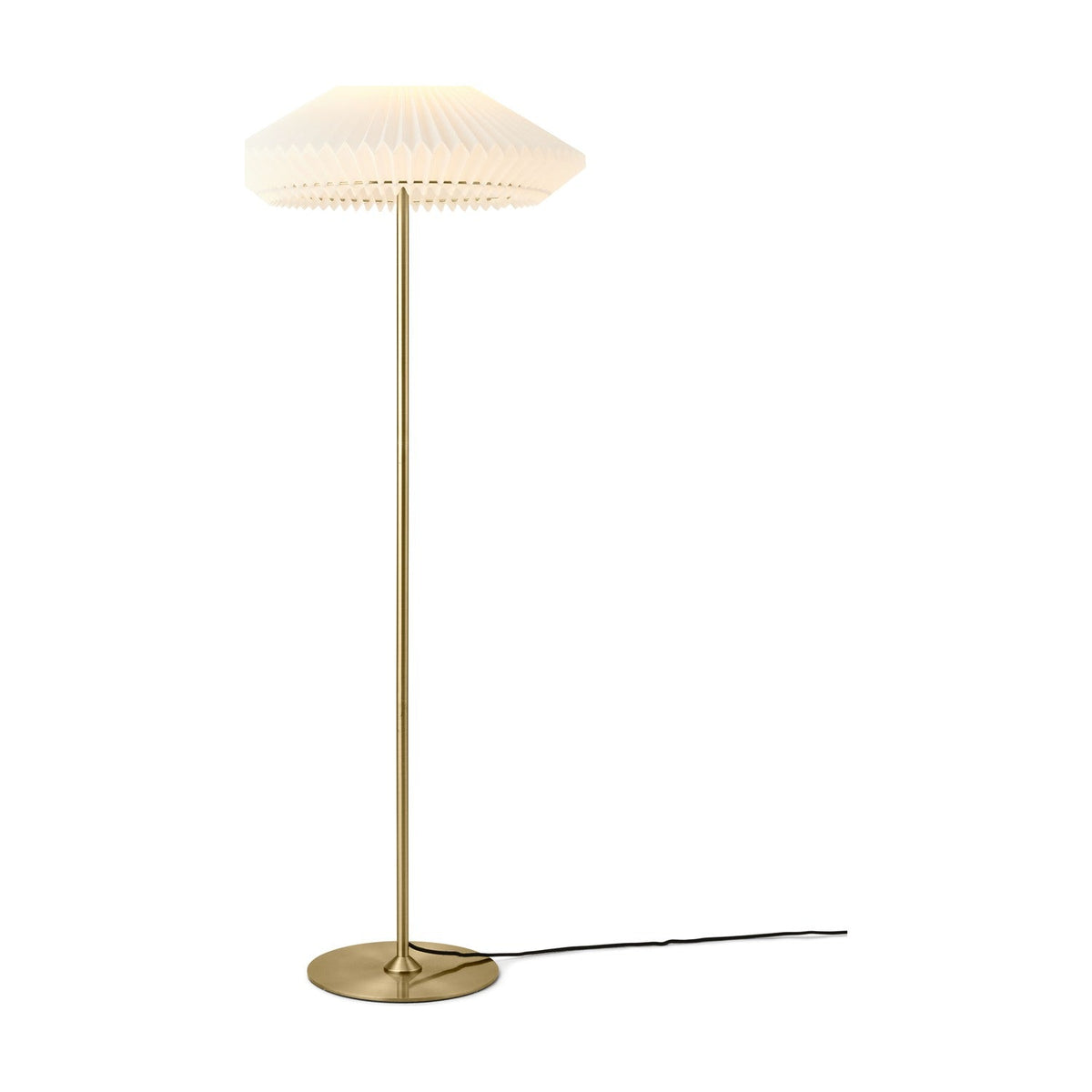 Paris Clean Floor Lamp 56cm in white and antique brass, featuring a pleated paper shade with pointed rim on a slim brass stem and round base, shown on a plain white background.