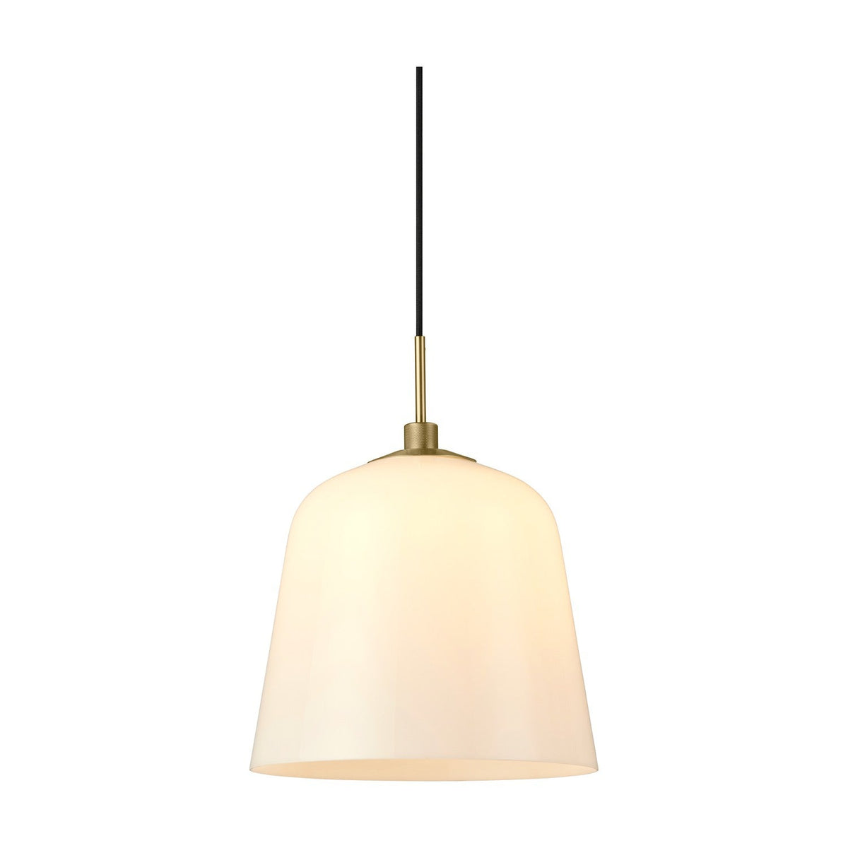 Room Pendant Light 30cm in opal glass with a bell-shaped shade, antique brass collar and stem, and black flex cord, shown on a plain white background.