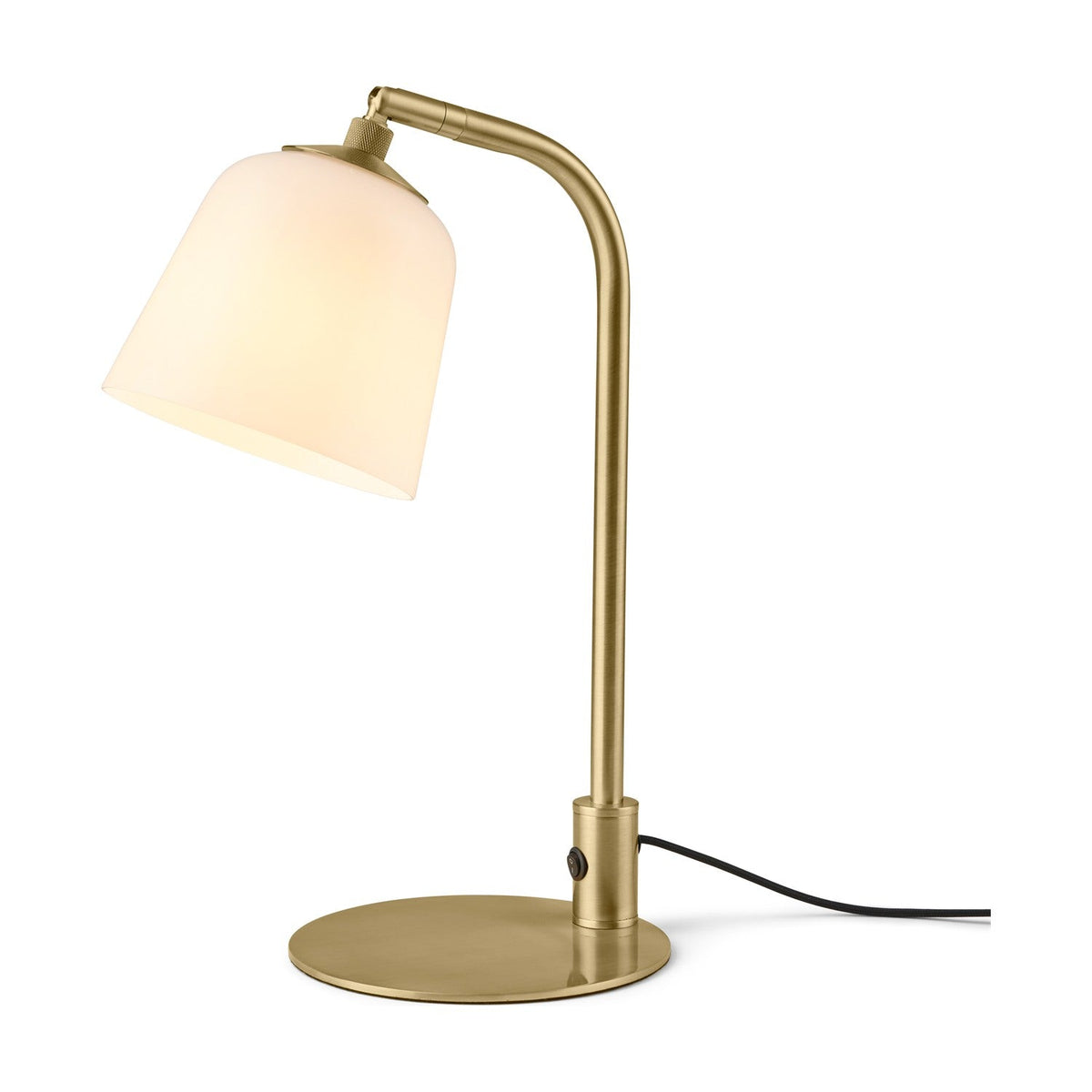 Room table lamp with an opal glass bell shade on an antique brass arm and round flat base, featuring a tilt collar and switch, shown on a plain white background.