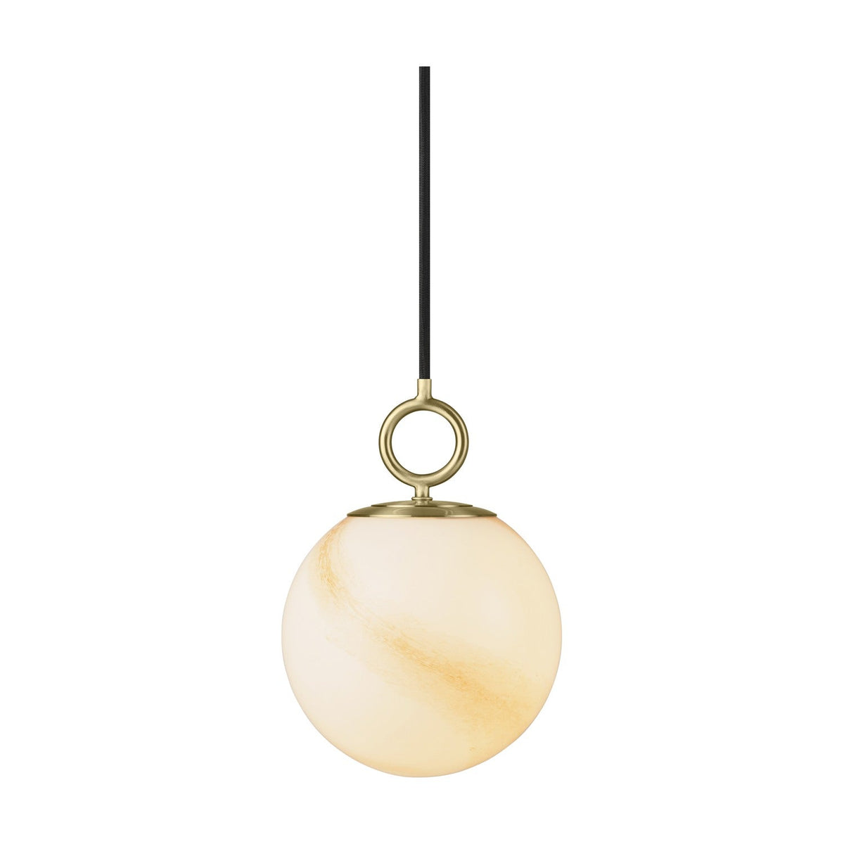 Stockholm Pendant Light 18cm in marble brown, a globe-shaped opal glass shade with amber-tan streaks hung from a brass ring on a black cord, shown on a plain white background.