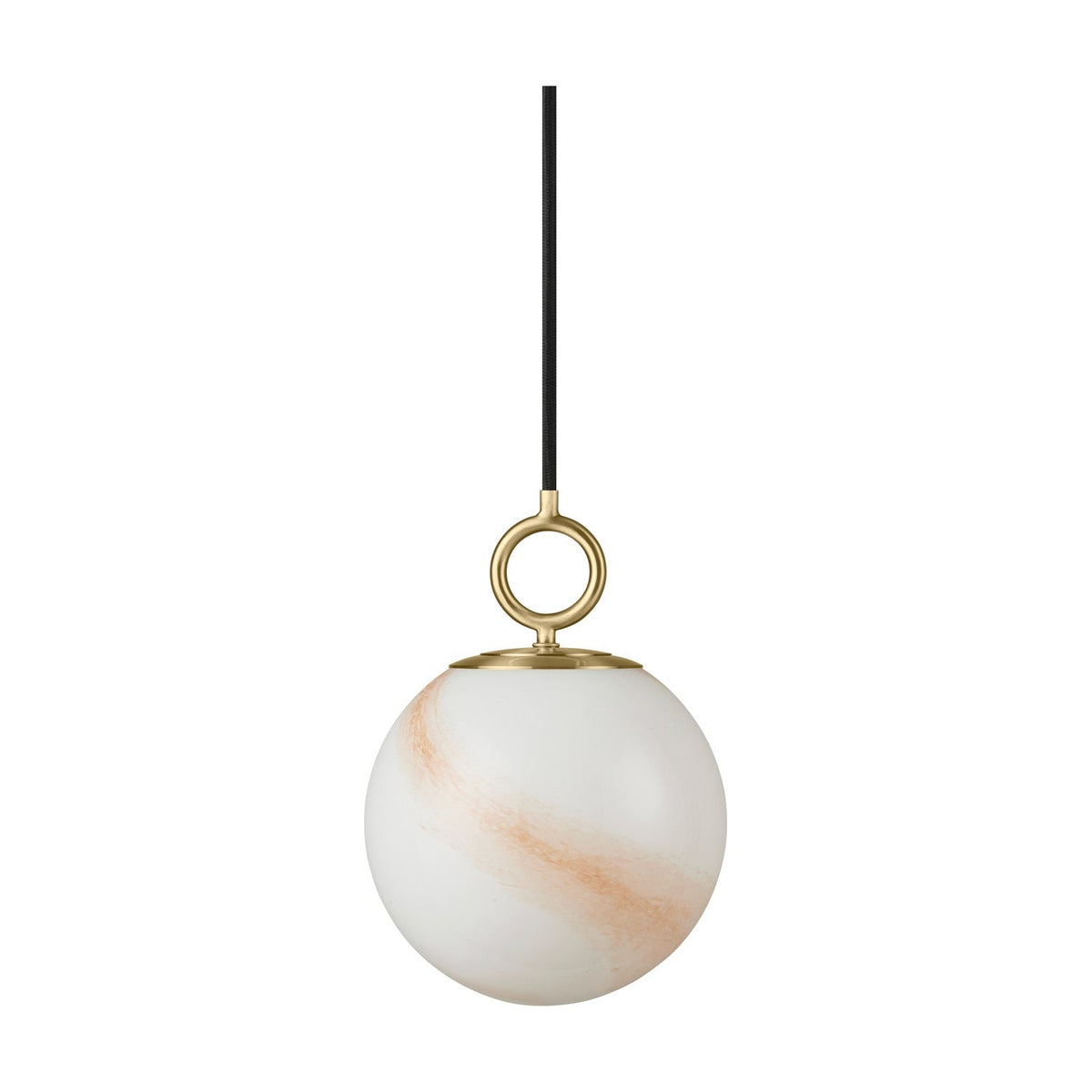 Stockholm Pendant Light 18cm - Marble Brown, a single opal glass globe with tan and amber marbled streaks, suspended from a brass ring and cap on a black cord, shown on a plain white background.