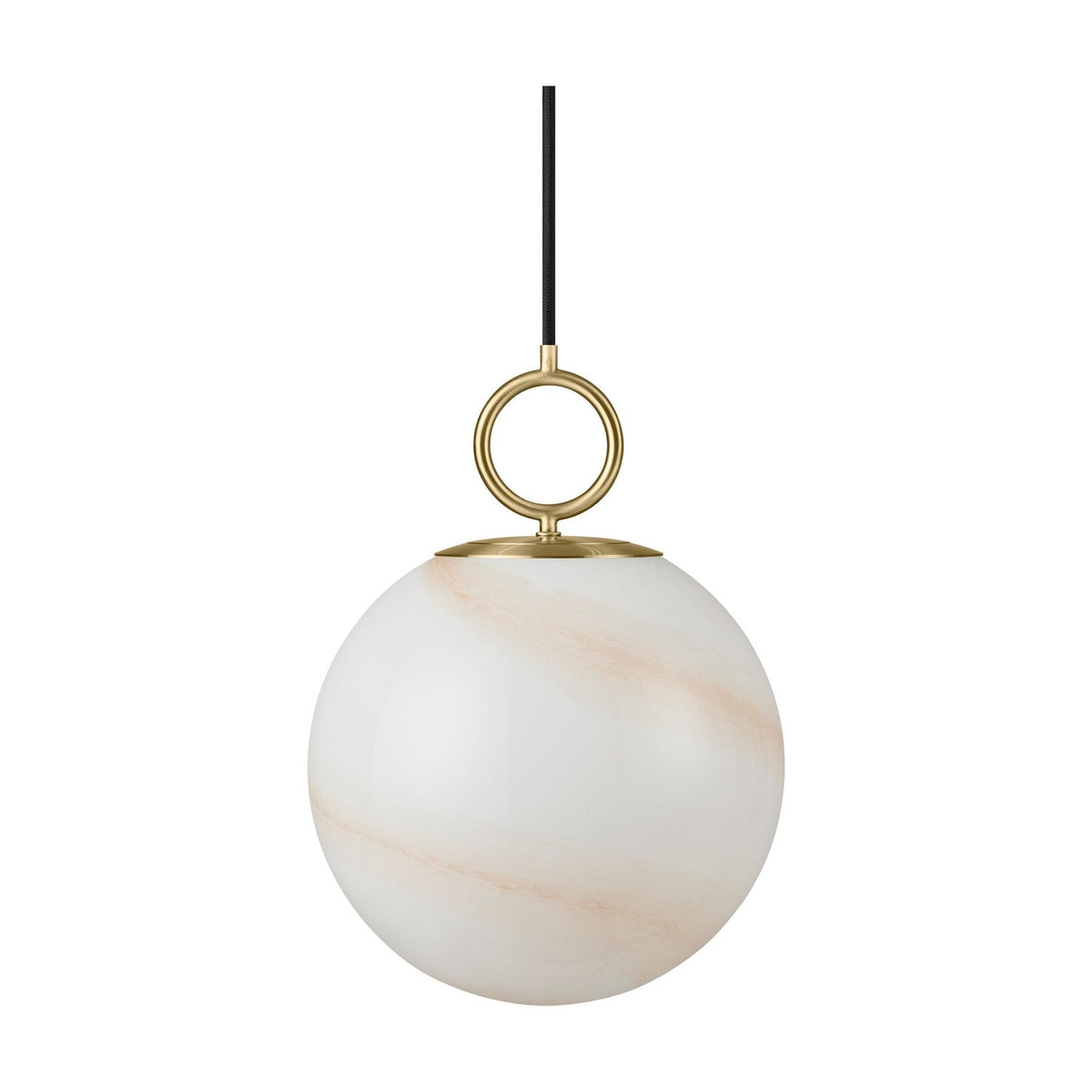 Stockholm Pendant Light 24cm in Marble Brown, an opal glass globe with sweeping amber marbling, suspended from a brass ring and cap on a black cord, shown on a plain white background.
