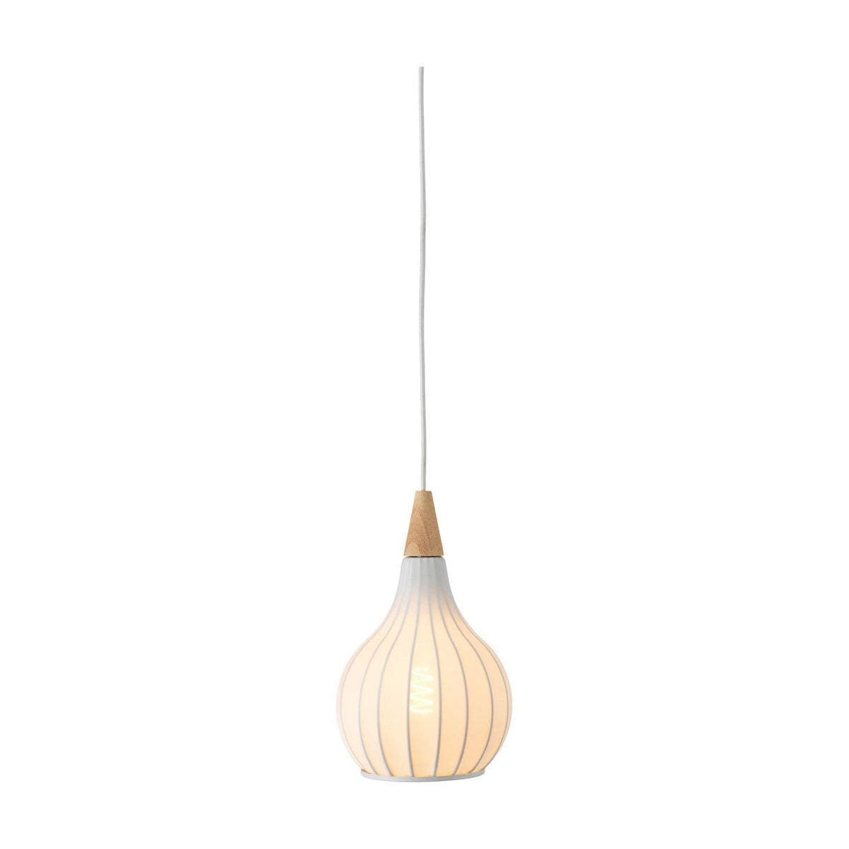Drops Textile Pendant Light 17cm in white, onion-shaped opal glass shade with fine ribbed detailing, pale wood cap and white cable, shown lit against a plain white background.