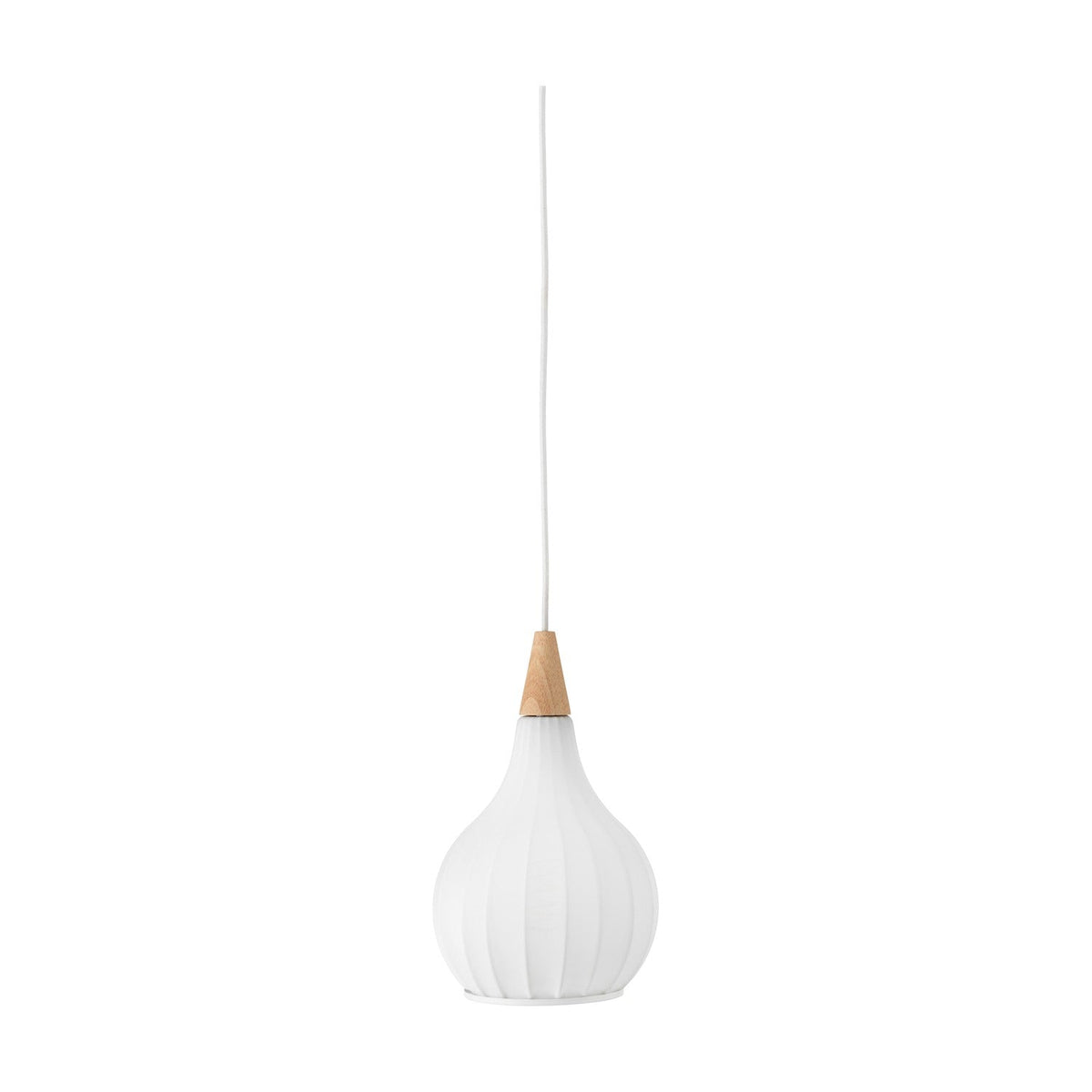 Drops Textile Pendant Light 17cm in white, an onion-shaped ribbed shade with pale wood neck cap and white cable, shown on a plain white background.