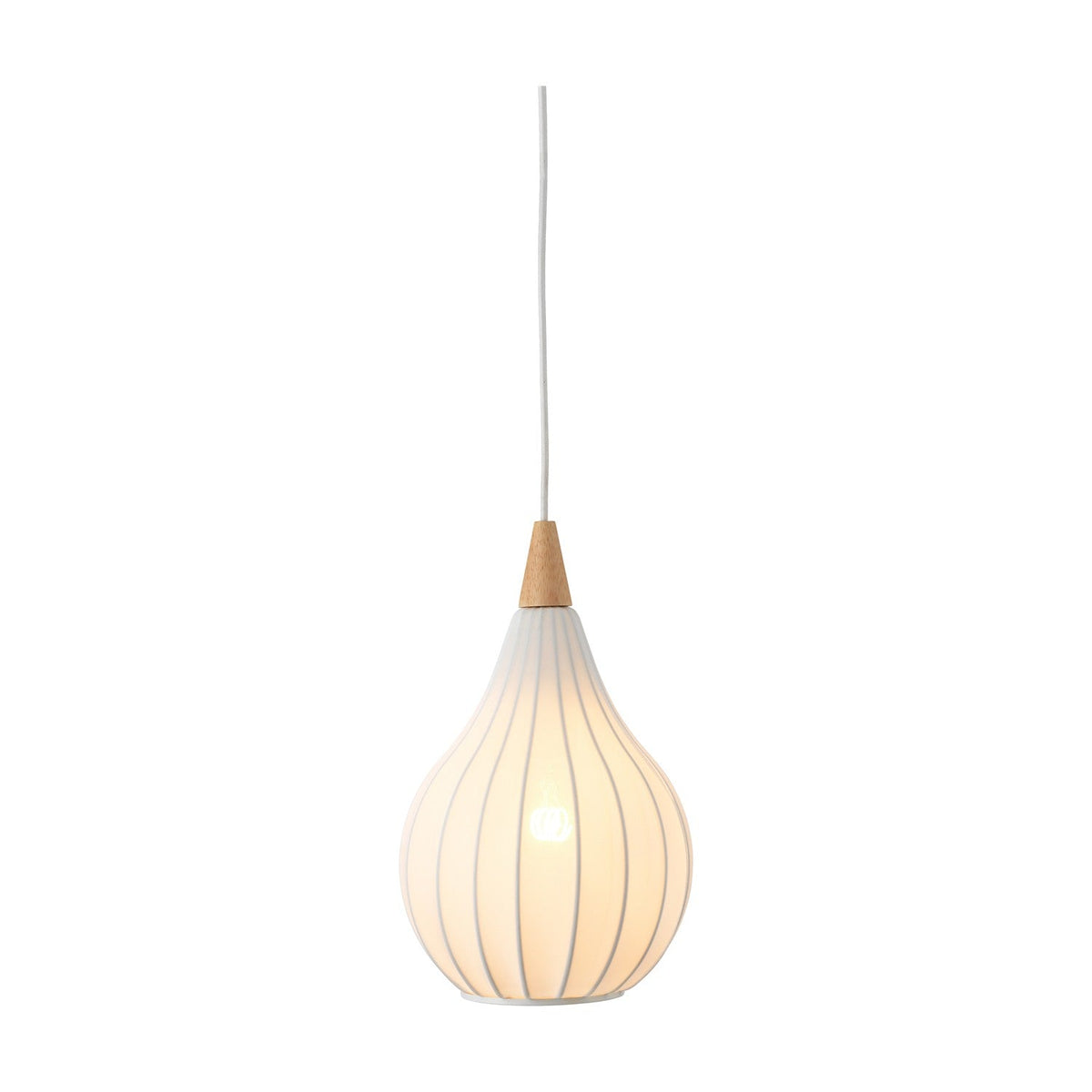 Drops Textile Pendant Light 23cm in white, an onion-shaped opal glass shade with fine ribbed detailing, topped by a light wood cone and white cable, shown lit on a plain background.