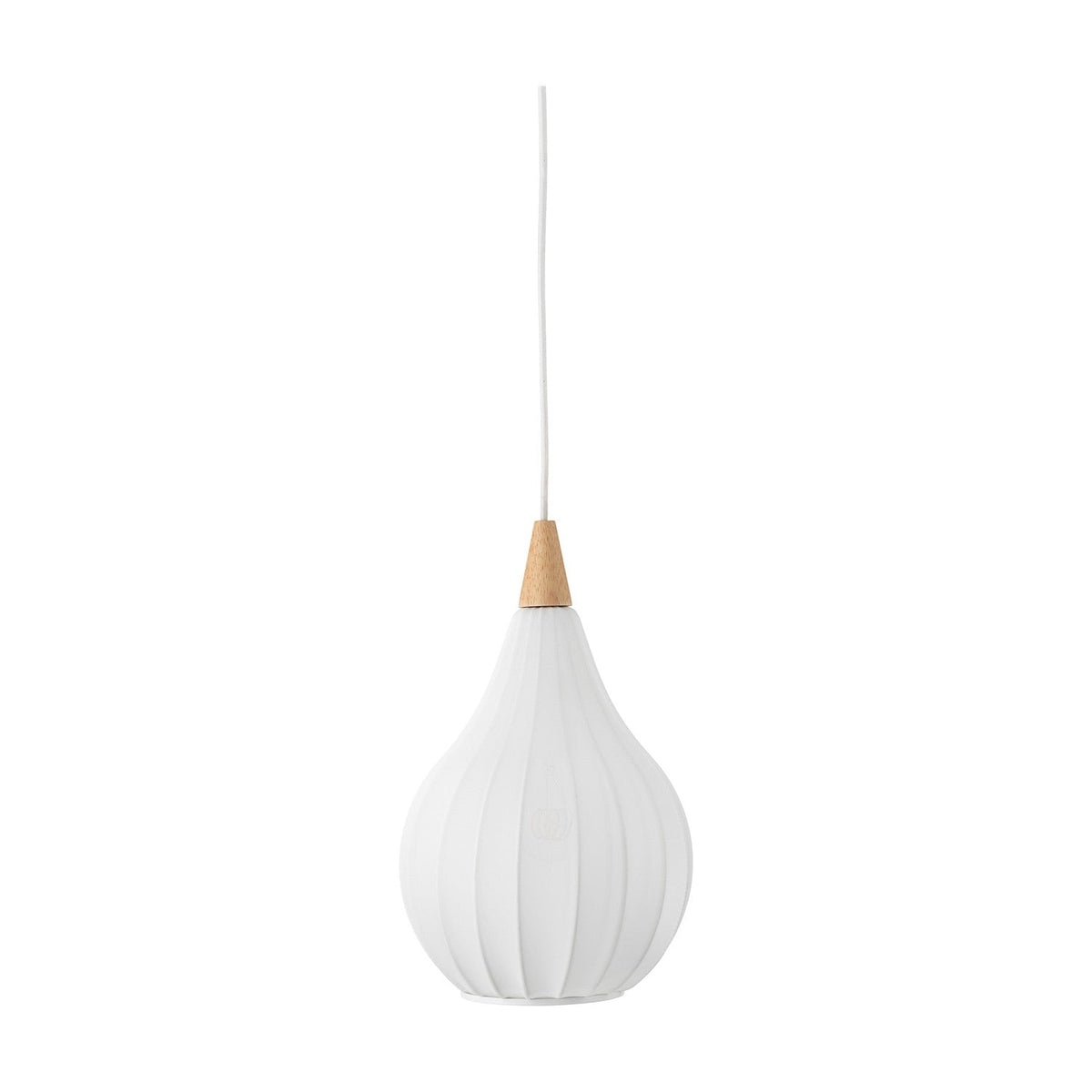 Drops Textile Pendant Light 23cm in white, onion-shaped ribbed fabric shade with pale wood cap and white cable, shown on a plain white background.