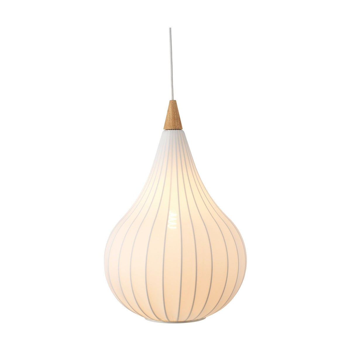 Drops Textile Pendant Light 38cm in White, an onion-shaped opal glass shade with fine grey ribs, pale wood neck cap, and white cable, shown lit against a plain white background.