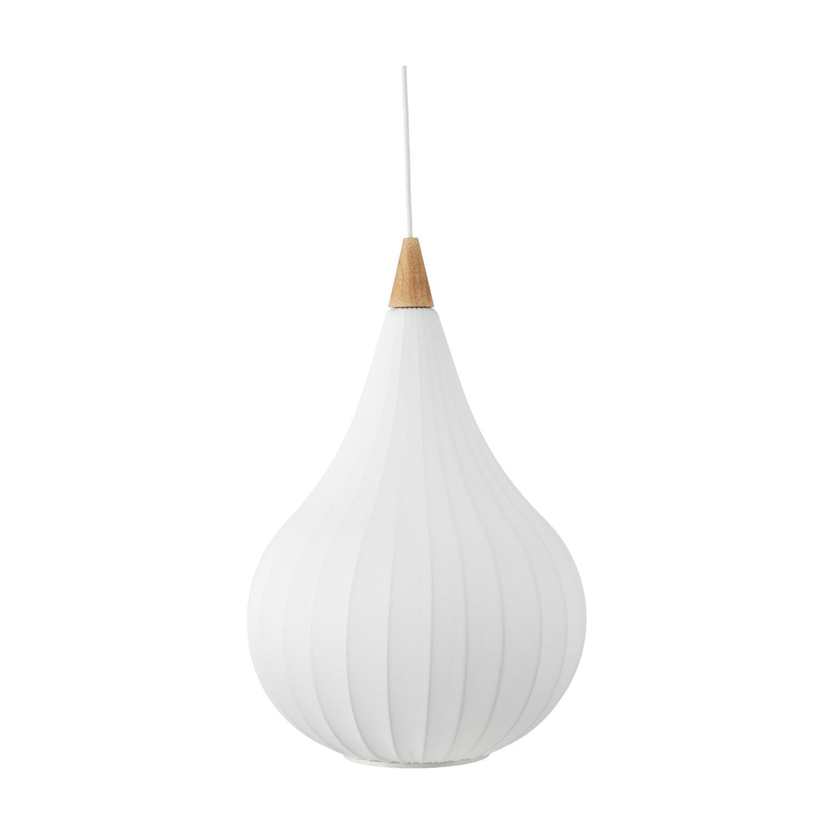 Drops Textile Pendant Light 38cm in white, an onion-shaped fabric shade with fine ribbed detailing, wood cone cap and white cable, shown on a plain white background.