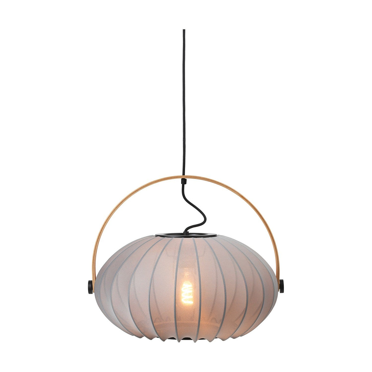 DC Textile Stone Pendant Light 40cm in grey, a ribbed fabric shade with a brass arched handle and black fittings, shown with a warm bulb on a white background.