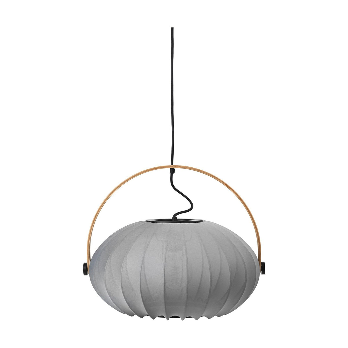DC Textile Stone Pendant Light 40cm in grey, a ribbed fabric drum shade with an arching wooden handle pinned by black discs, shown on a plain white background.