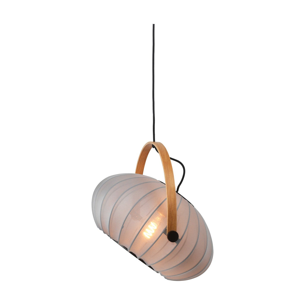 DC Textile Stone Pendant Light 40cm in grey, a wide ribbed fabric shade with an arched wooden handle pinned by black discs, hung on black cable against a white background.