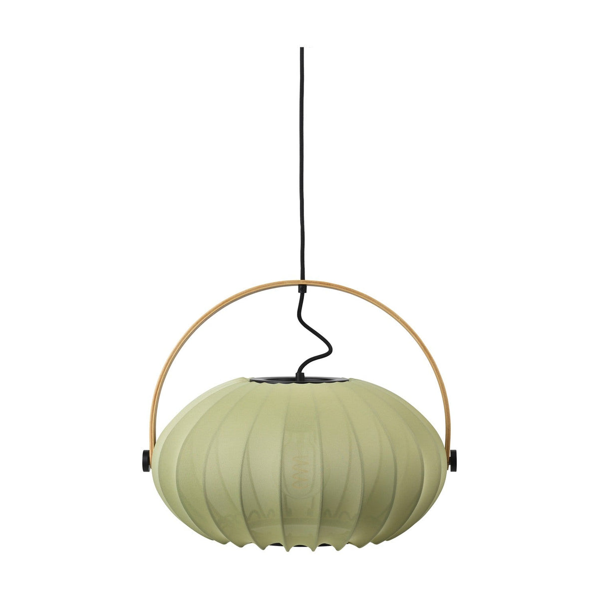 DC Textile Forest Pendant Light 40cm in sage green fabric with ribbed vertical panels, a pale wood arched handle and black disc fittings, on a white background.