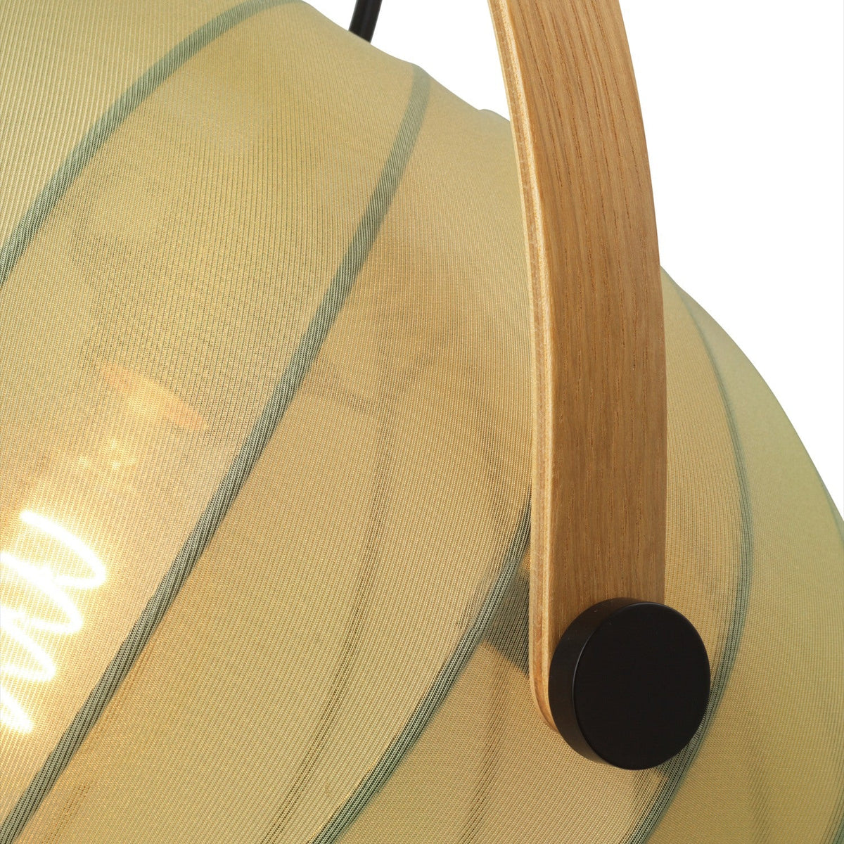 Close-up of the DC Textile Forest Pendant Light 40cm in green, showing ribbed fabric shade detail and pale wood handle fixed with a black disc bracket.