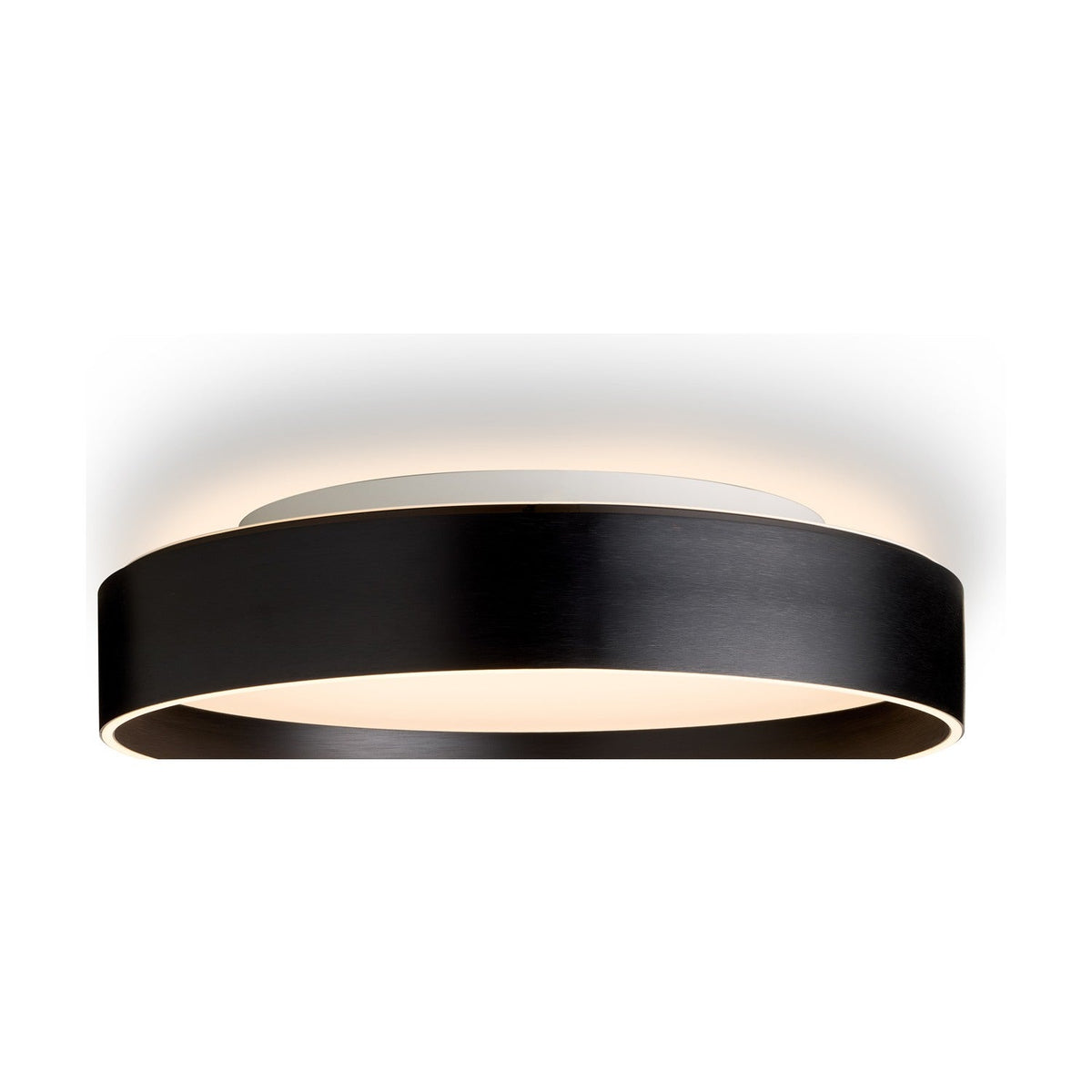 Universal LED 3 Light Flush Ceiling Light 50cm in black, a round drum-shaped fixture with a white diffuser underside and raised white ring casting upward glow, shown on a plain white background.