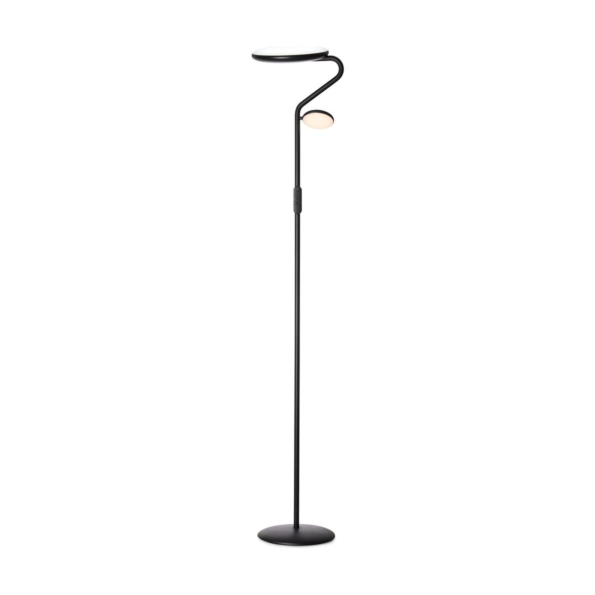 Slim black LED uplight floor lamp with a tall stem on a round base, curving into an upward-facing disc head with a smaller forward-facing head below.