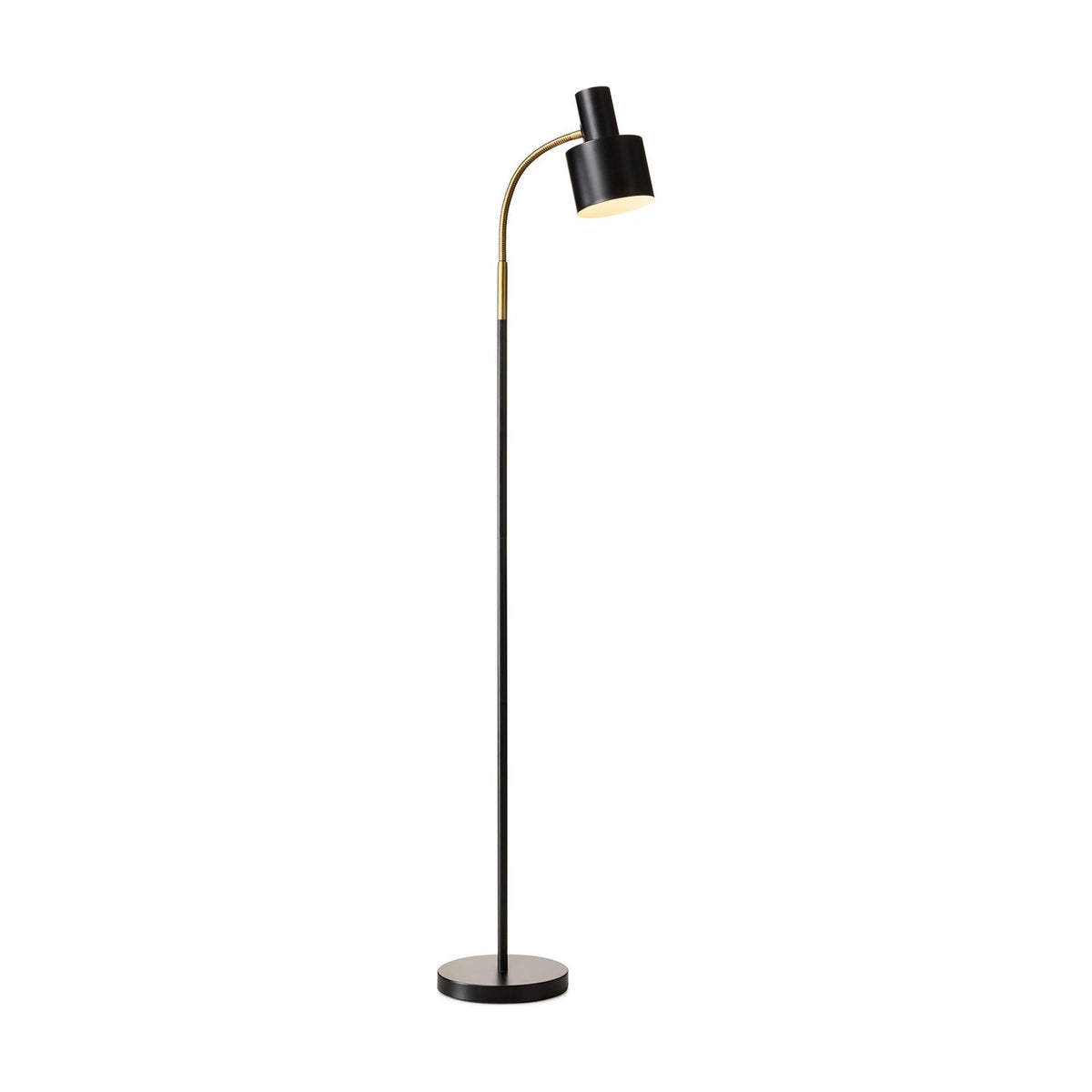 Vogue Floor Lamp in black with a slim stem on a round disc base, curving to a polished brass neck holding a black cylinder shade, shown on a plain white background.