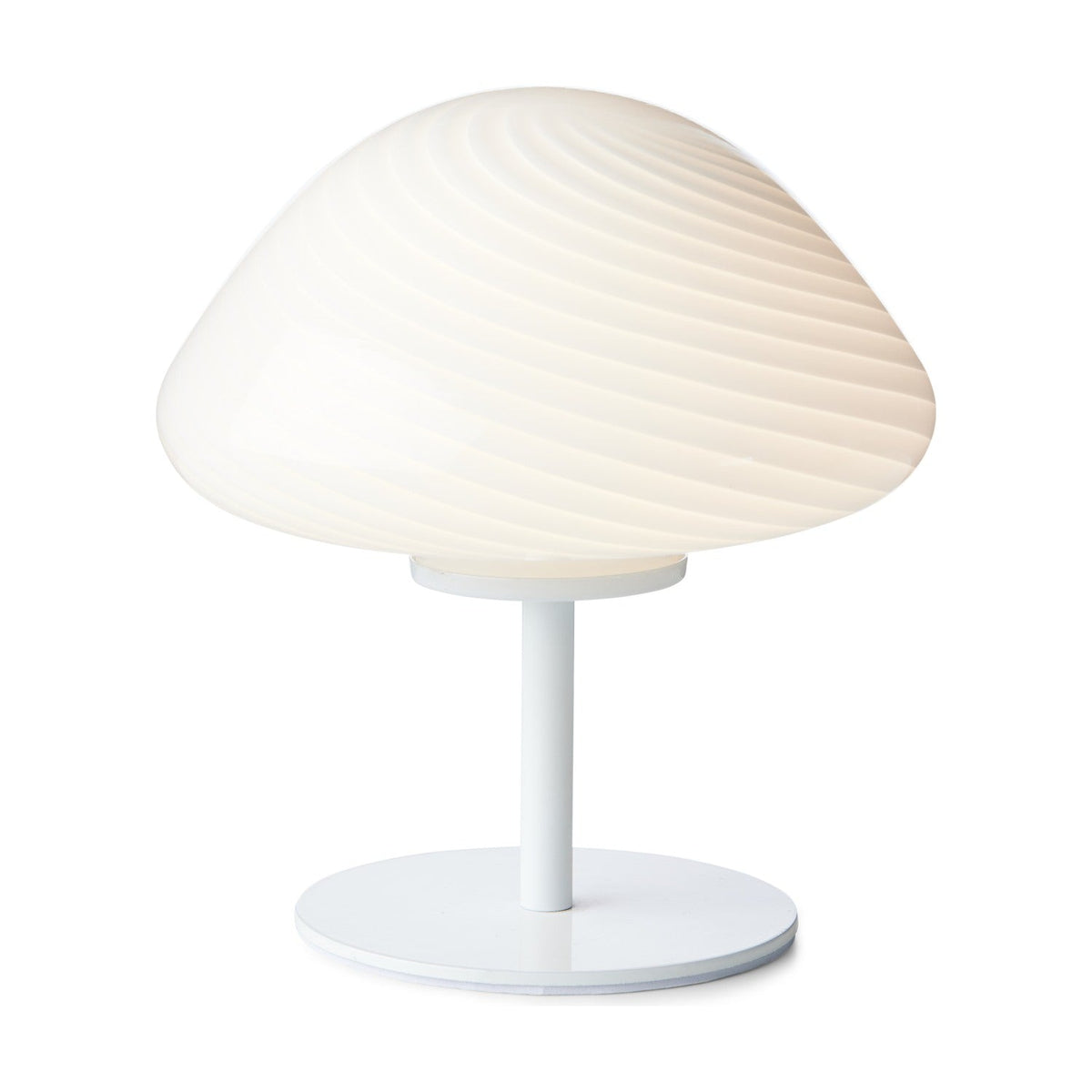 Mini Mush Glass Cable Table Lamp in white, featuring a broad opal glass dome with spiral fluting on a slim white stem and round flat base, set against a plain white background.