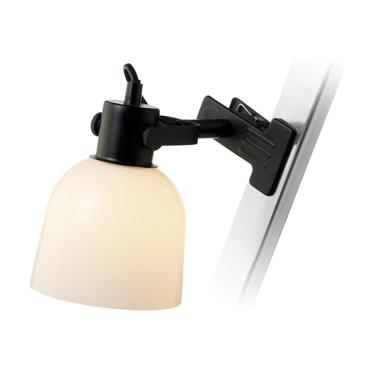 Glow Clip-On Table Lamp in black and white, with an opal glass bell shade on a jointed black arm and wide serrated spring clamp, shown against a plain white background.