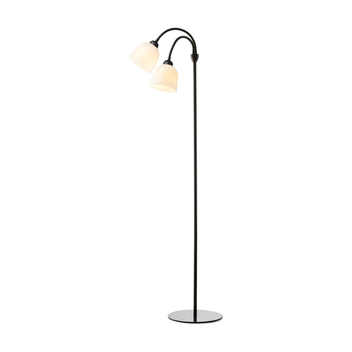 Glow 2 Light Floor Lamp in black and white, featuring a slim black stem on a round disc base with two curved goosenecks ending in opal glass bell shades, shown on a plain white background.