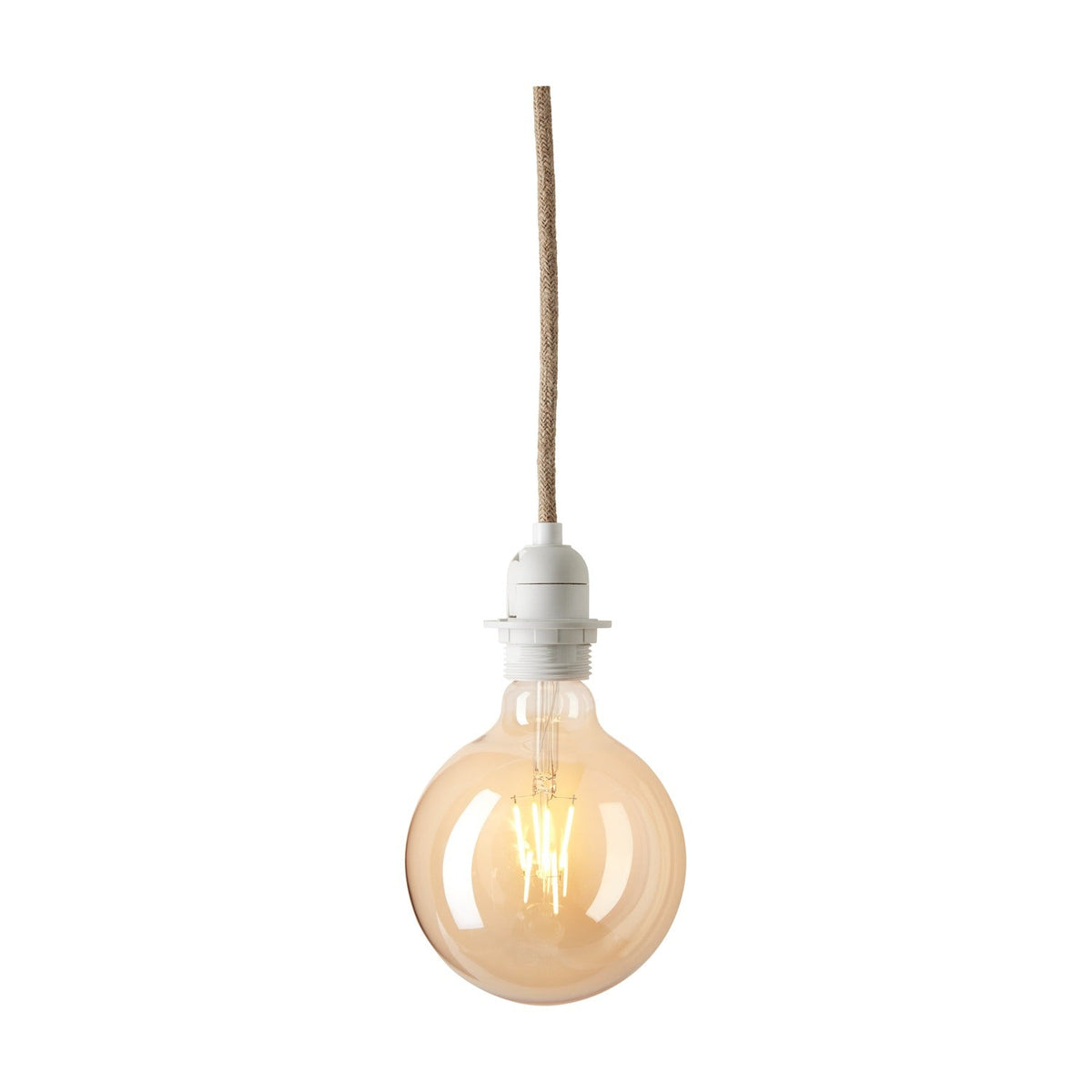 Basic Socket Textile Cable Cord Set 2m in natural jute-coloured braided flex with a white moulded E27 lampholder, shown fitted with an amber globe bulb against a plain white background.