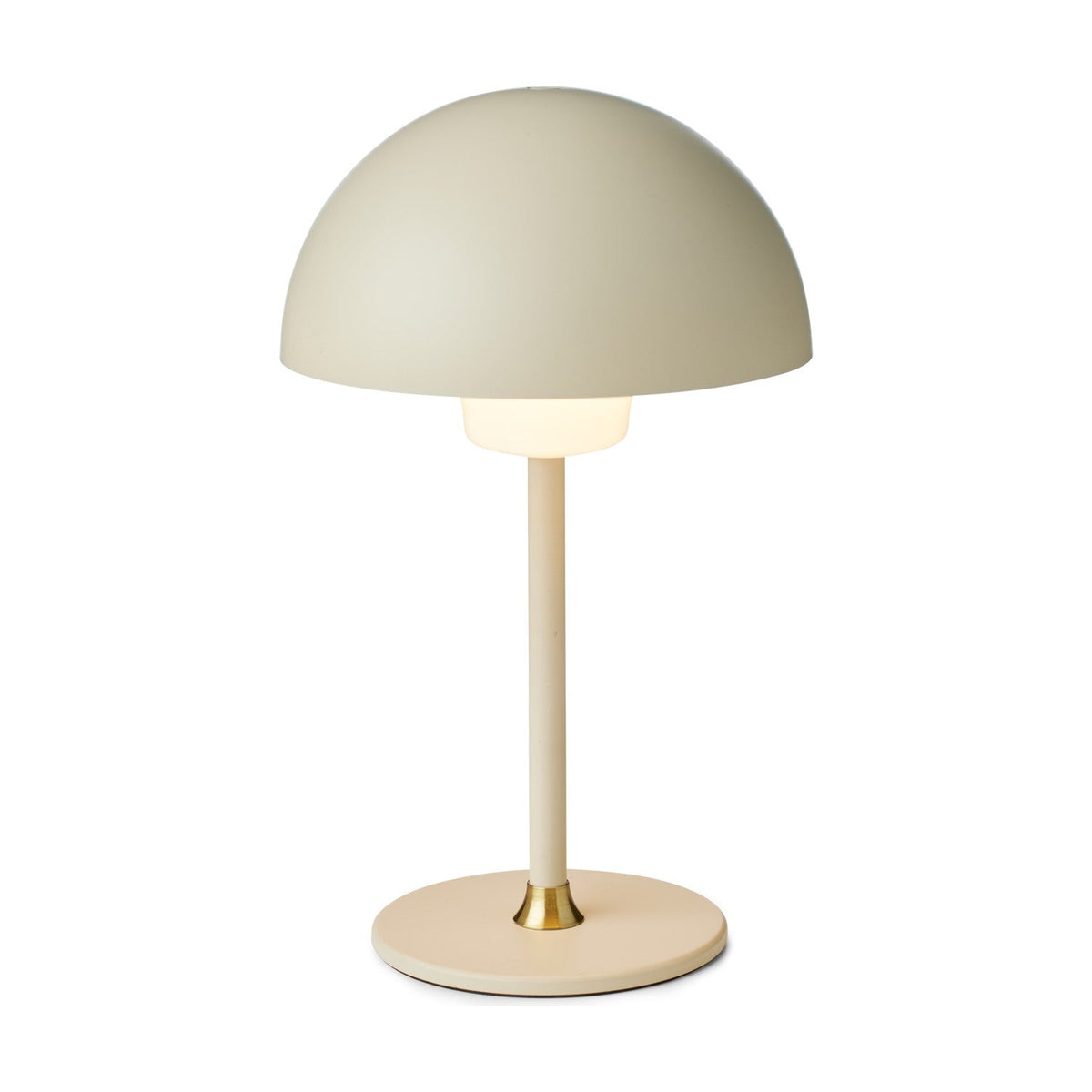 Moon LED Table Lamp in cream, featuring a dome-shaped shade over an opal glass diffuser, slim stem, round base with brass accent, shown on a plain white background.