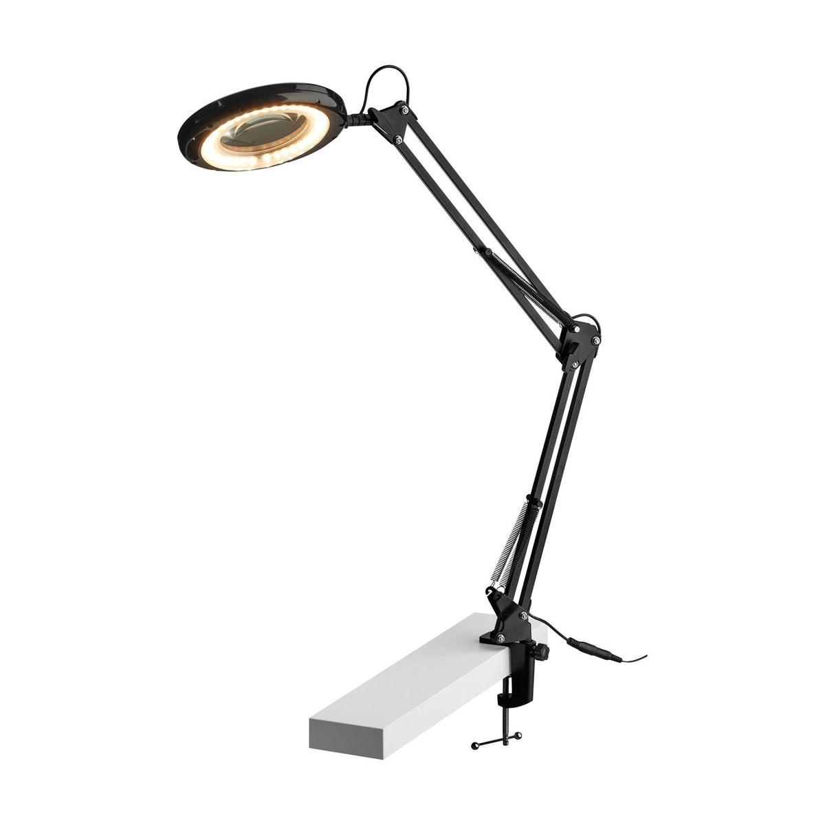 Black Magni LED Archi Clip Desk Lamp with round illuminated magnifying head, adjustable folding arm with visible springs, and clamp mount.