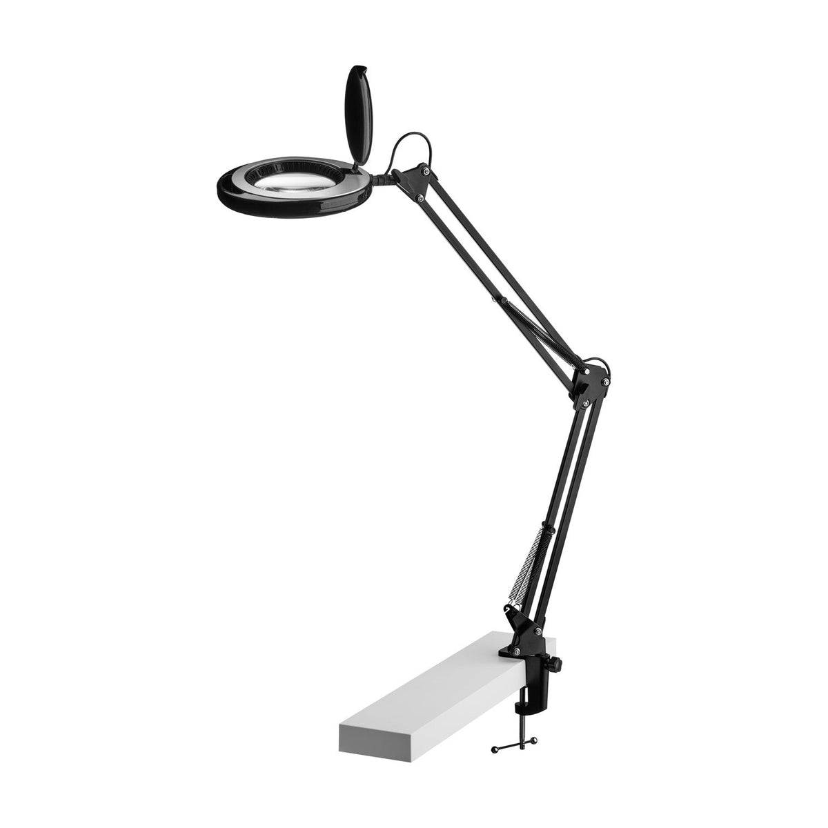 Magni LED Archi Clip Desk Table Lamp in black, with a round magnifying head on a folding sprung arm and desk clamp base, shown on a plain white background.