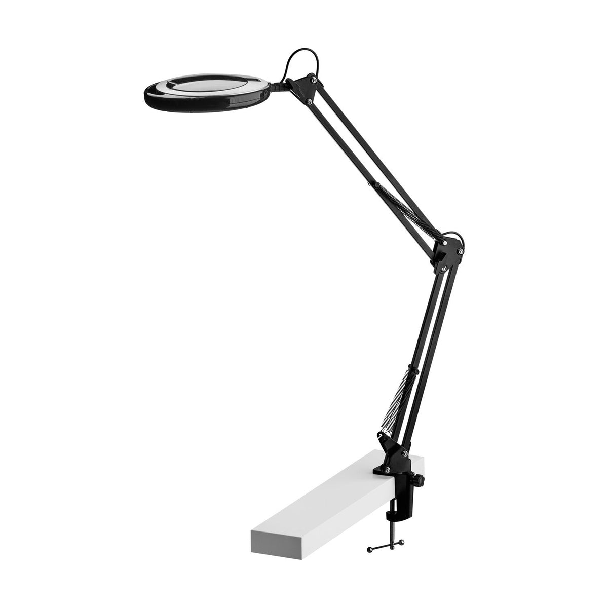 Magni LED Archi Clip Desk Table Lamp in black, with round magnifying LED head, adjustable sprung arm, and desk clamp base, shown on a white background.
