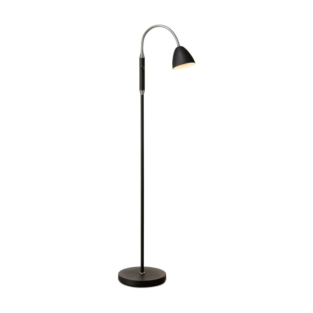 Room floor lamp with a slim black stem on a round black base, chrome gooseneck arm, black cone shade, and switch on the stem, shown against a plain white background.