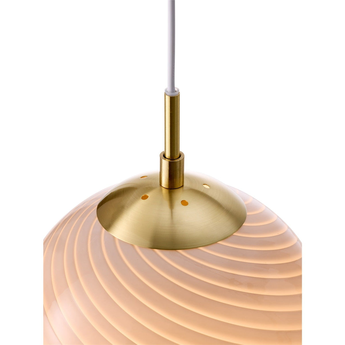 Close-up of the Candy Ball Pendant Light 20cm in grey, showing a spiral-fluted glass globe with a polished brass cap and white cable, set against a plain white background.