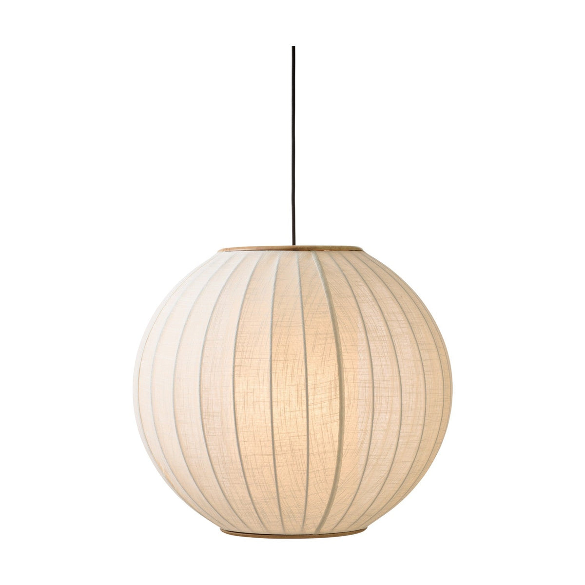 Balloon Pendant Light 70cm, a spherical white and beige fabric pendant with vertical ribbed pleats and pale wooden top and bottom rings, shown on a plain white background.