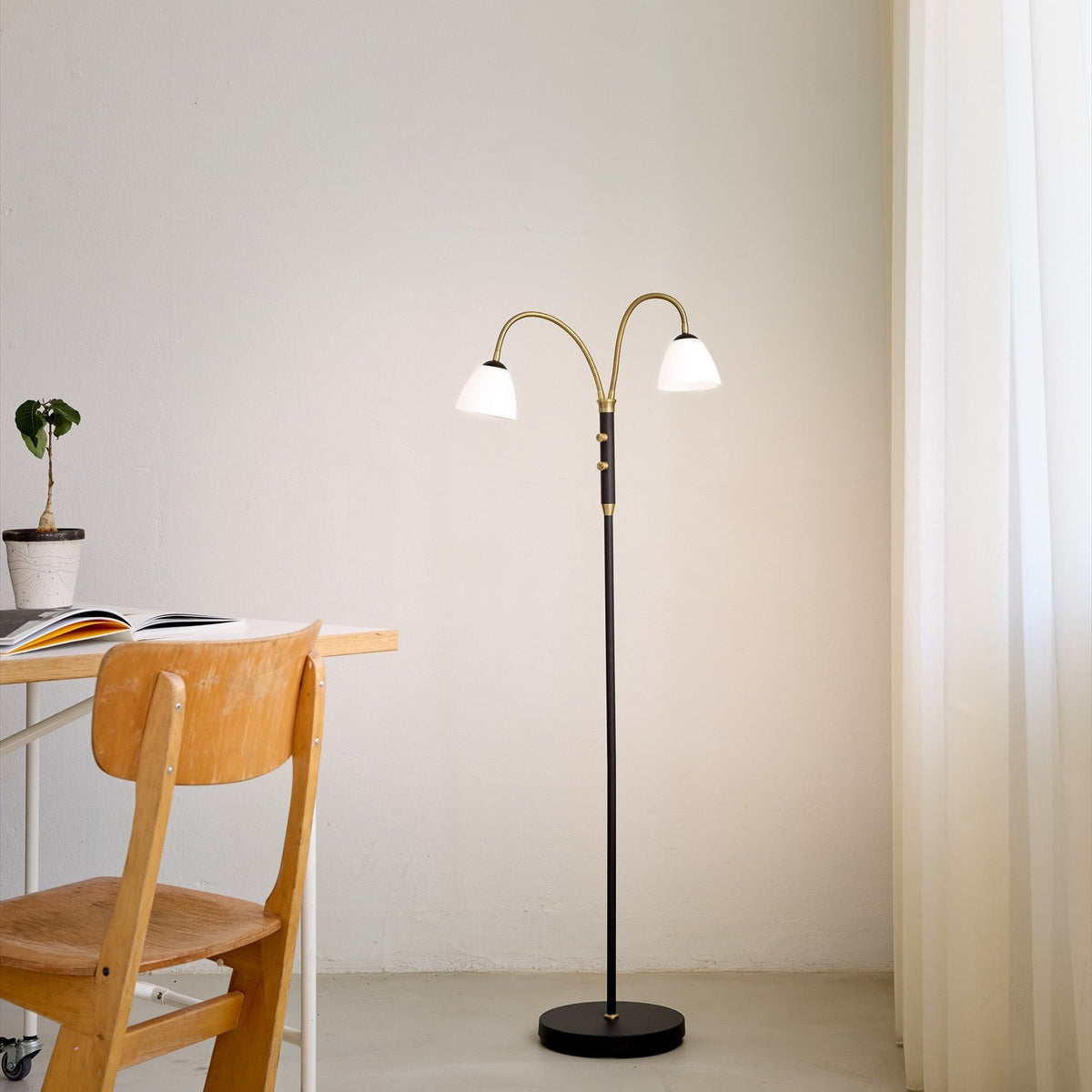 Lucid LED 2F Advent Floor Lamp with black stem and round base, two antique brass gooseneck arms holding opal glass shades, shown beside a desk and chair.