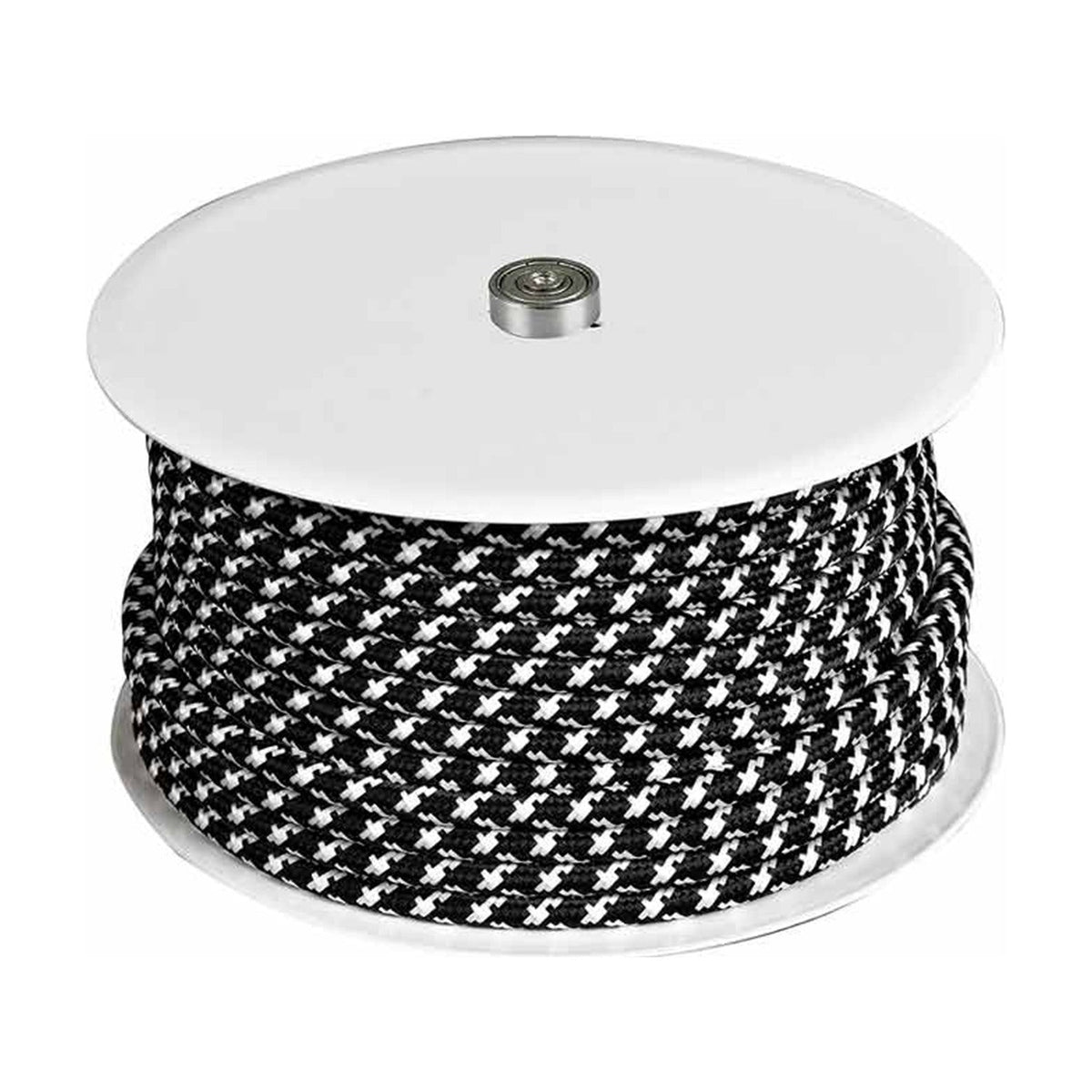 Textile Zig-Zag Cable Roll 25m, round flex wound on a white reel with a central steel boss, cable sheathed in black and white houndstooth fabric, plain white background.