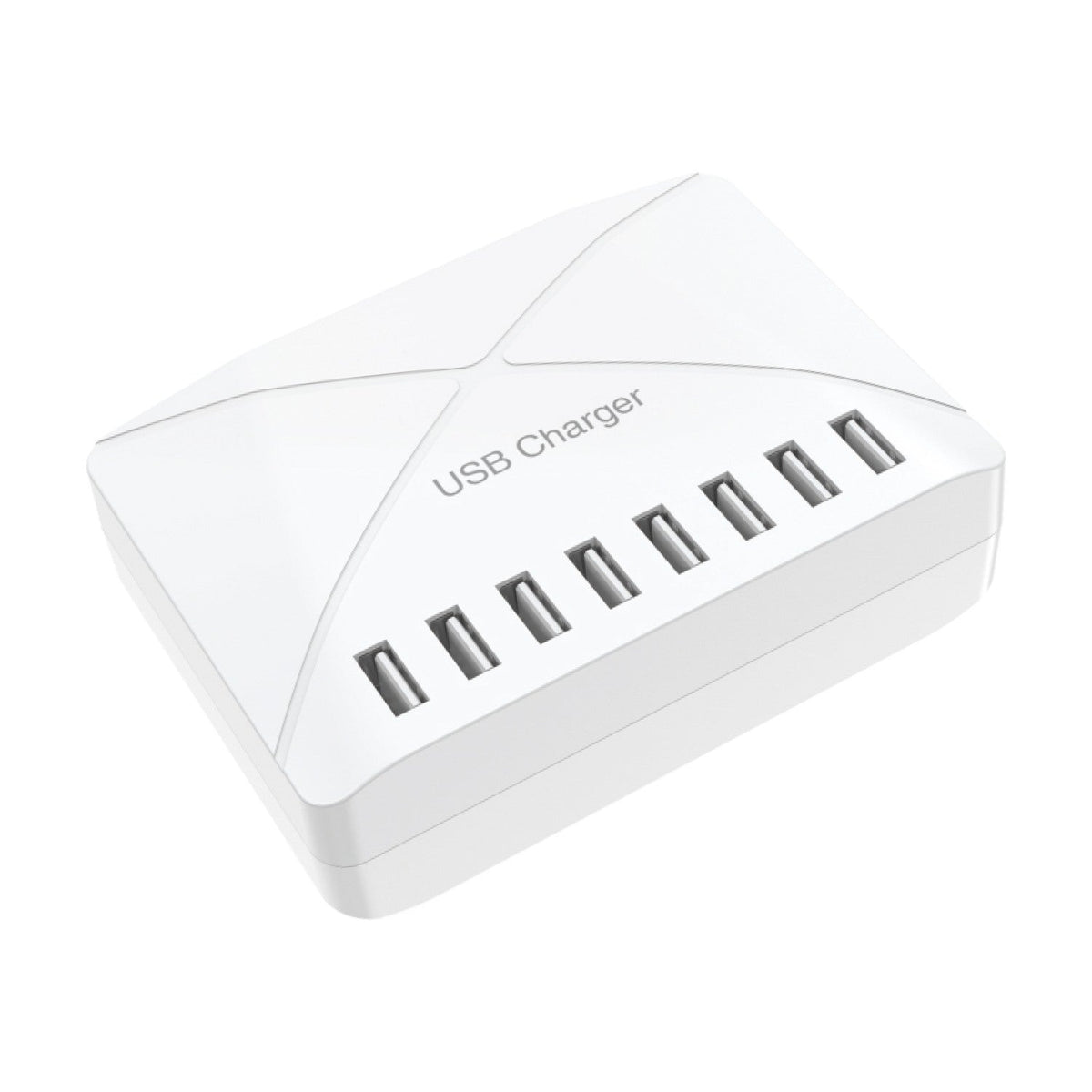 White moulded USB Charger with angled front face featuring seven evenly spaced rectangular USB ports, smooth glossy finish, shown on a plain white background.