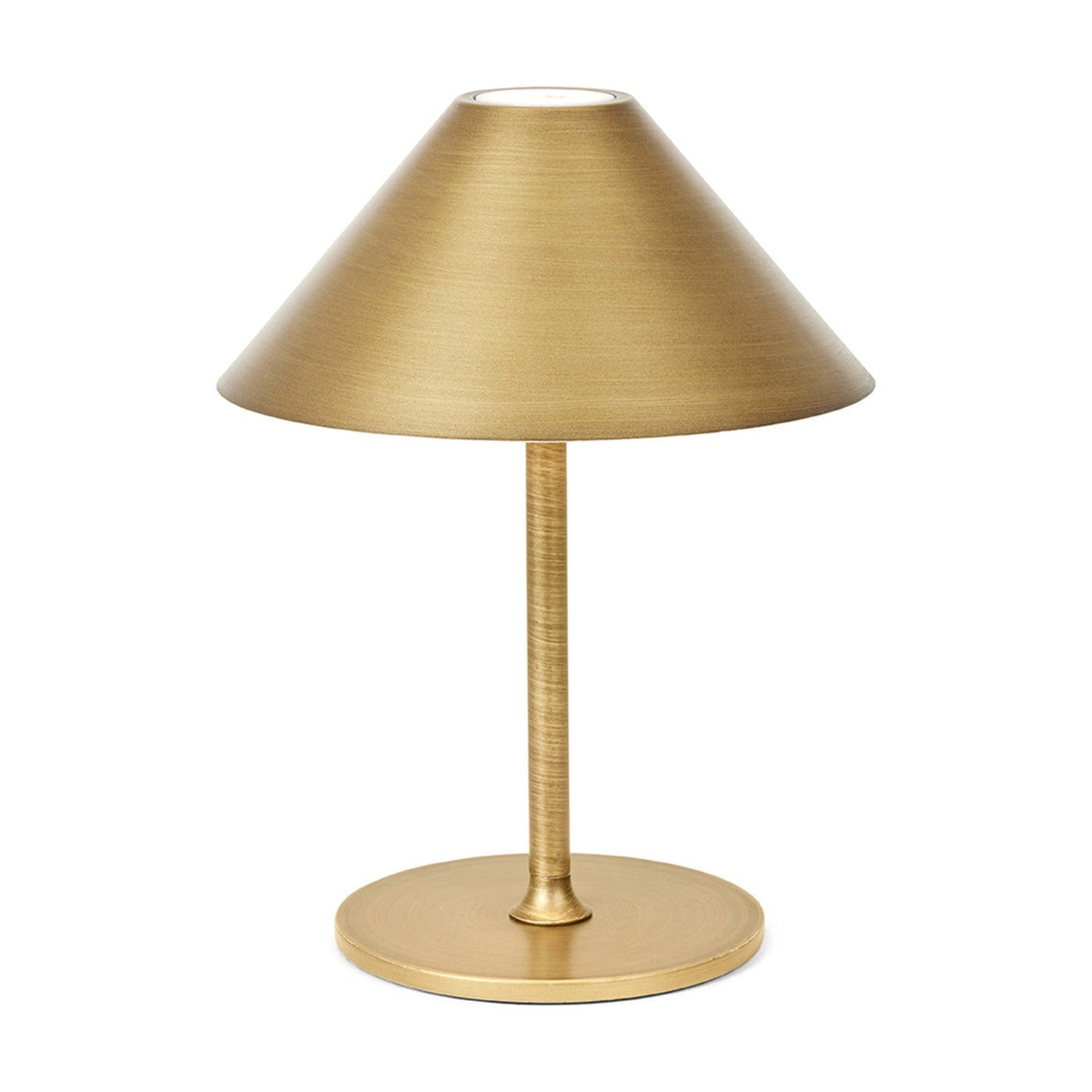 Hygge LED Rechargeable Outdoor Table Lamp in antique brass, with a wide cone shade, slim stem, round disc base, and control button on the crown, shown on a white background.