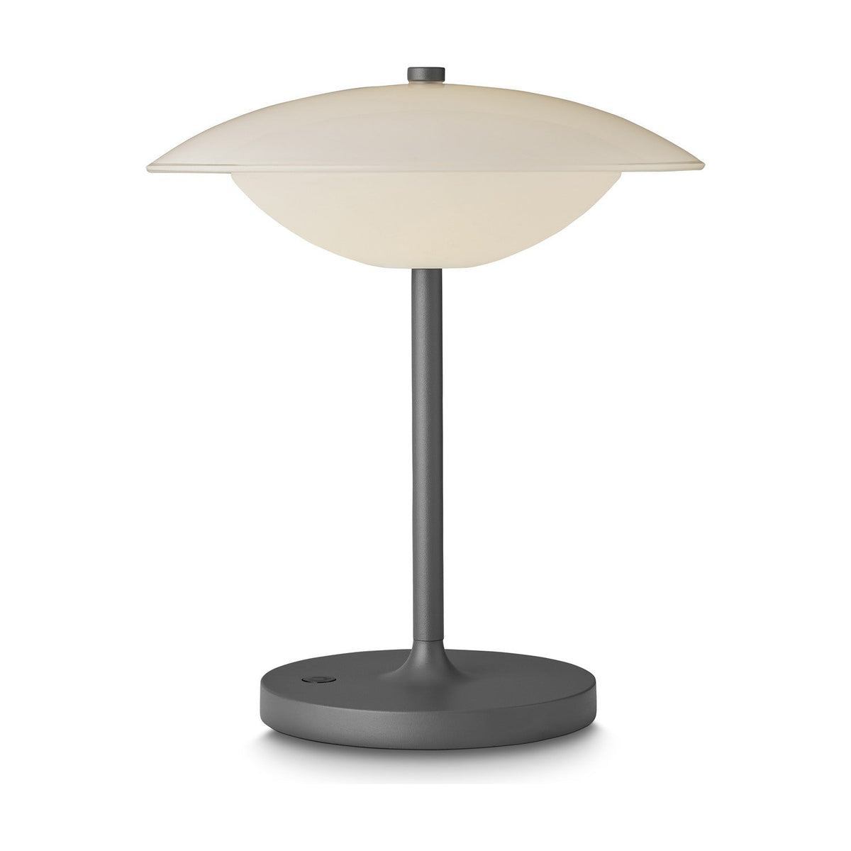 Baroni Move outdoor table lamp in anthracite, with a wide opal glass dish over a bowl-shaped shade on a slim round stem and base, shown on a plain white background.