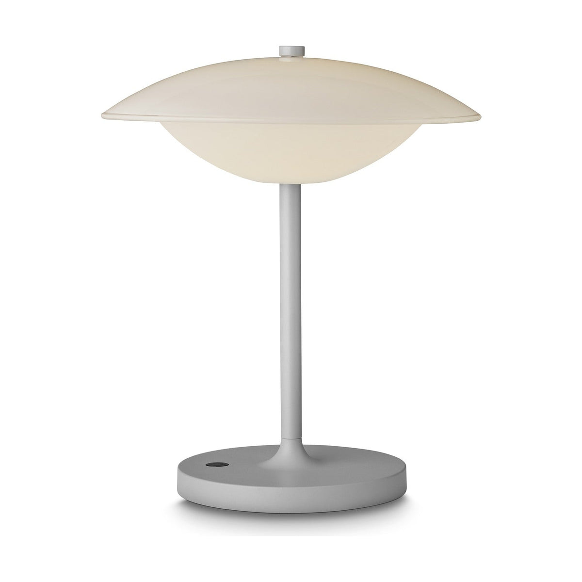 Baroni Move outdoor table lamp in warm grey, with a wide opal glass dish over a bowl-shaped shade atop a slim stem and round base, shown on a plain white background.