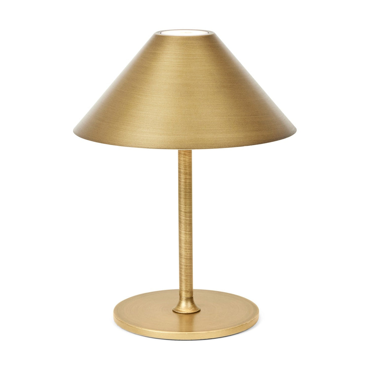 Hygge LED rechargeable table lamp, 19cm, antique brass cone shade on a slim stem with round disc base, shown on a plain white background.