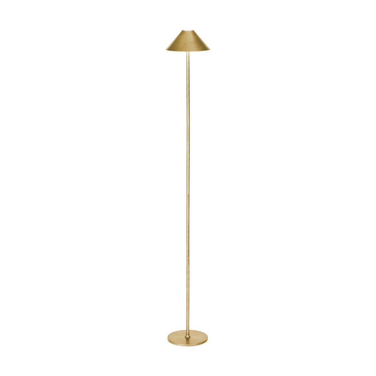 Hygge LED Rechargeable Outdoor Floor Lamp in antique brass with a slim round stem, conical shade, and flat round base, shown on a plain white background.