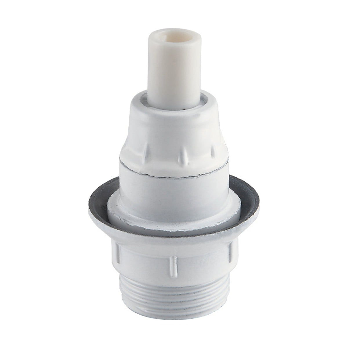 E14 socket ring lampholder in white, stepped cylindrical body with ribbed shoulder, threaded skirt, shade ring, and cord entry, shown on a plain white background.