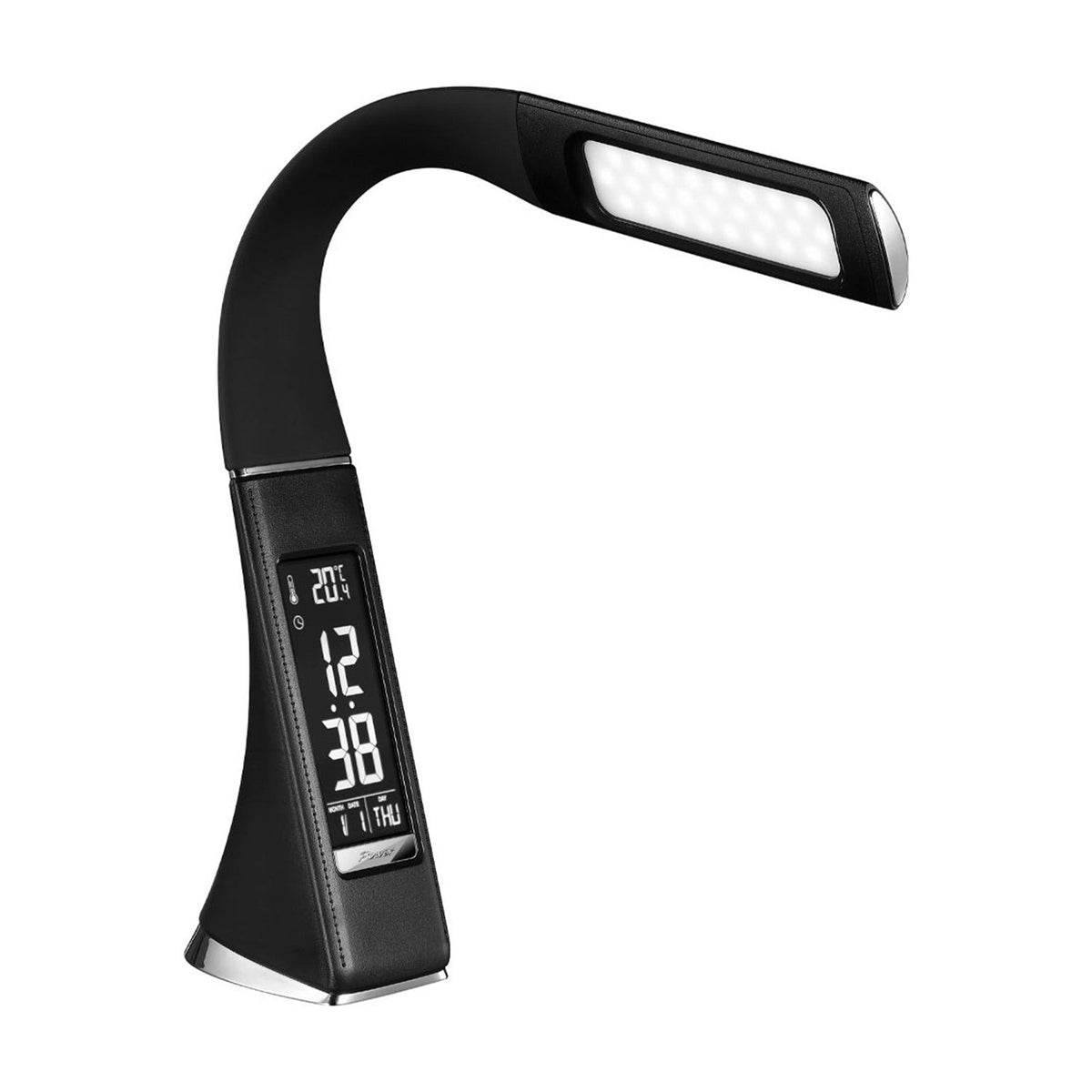 Colors Watch Desk Table Lamp in matt black with stitched leather-look finish, curved arm ending in an LED panel head and a digital clock display on the base, shown on a white background.
