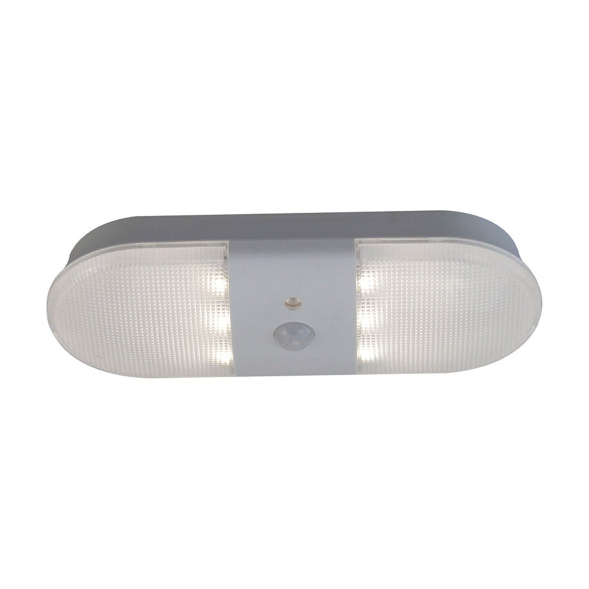 Push LED rechargeable table lamp in white, oval fitting with two prismatic grid panels, grey centre strip and sensor dome, shown on a plain white background.
