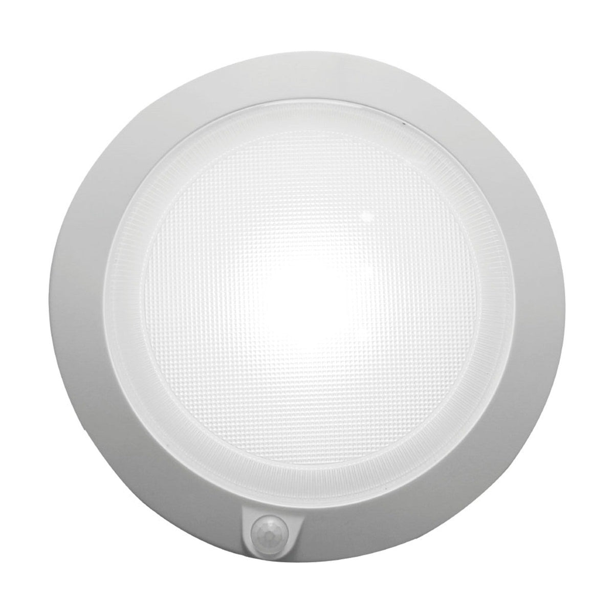 Push Rechargeable Flush Ceiling Light 18cm in white, round fitting with a prismatic gridded diffuser, wide plain rim, and a small sensor dome at the bottom edge, shown on a plain white background.