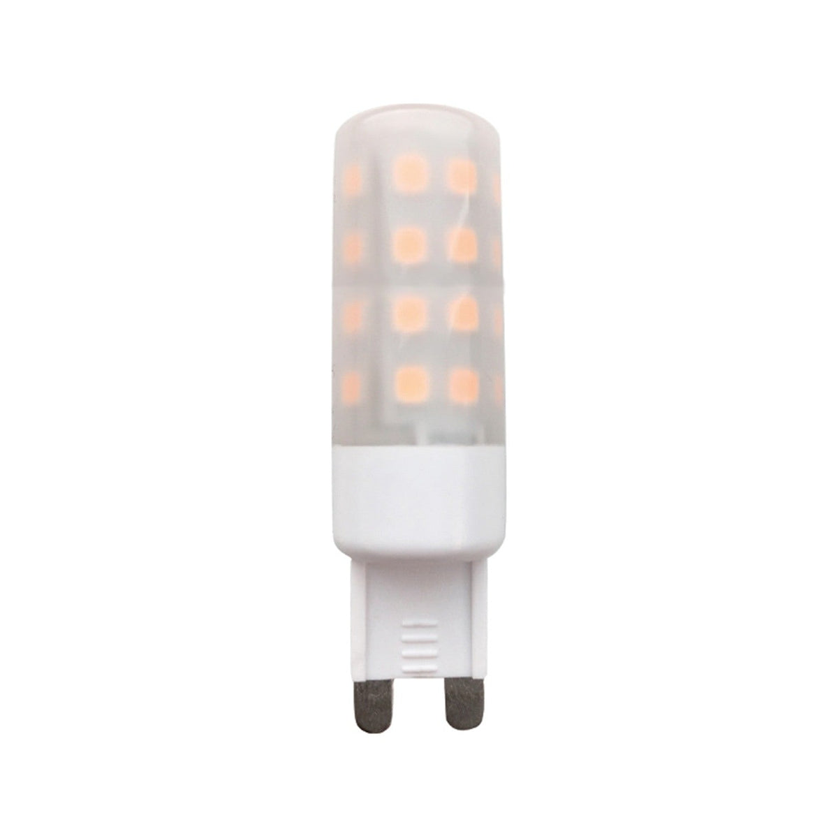 Colors G9 7W 3-Step Bulb, a cylindrical LED lamp with frosted white sleeve showing warm diode grid, white base and two pin fitting, on a plain background.