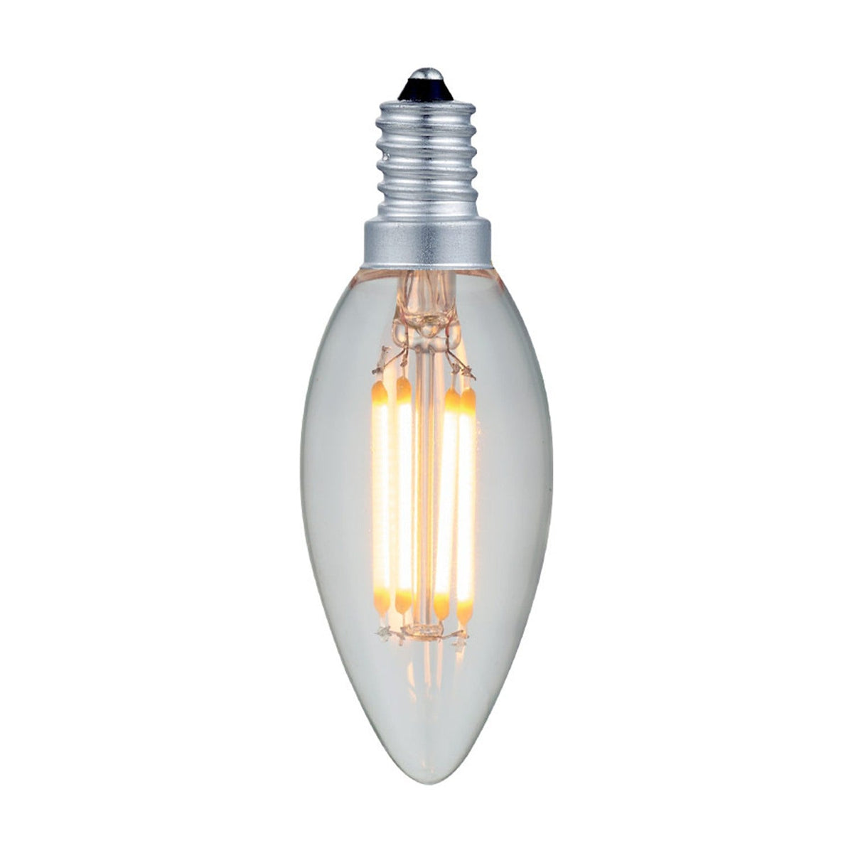 Colors LED Mini Candle Luxe E14 2W Bulb with clear glass, pointed tip, four upright LED filaments, and a silver E14 screw cap, shown on a white background.