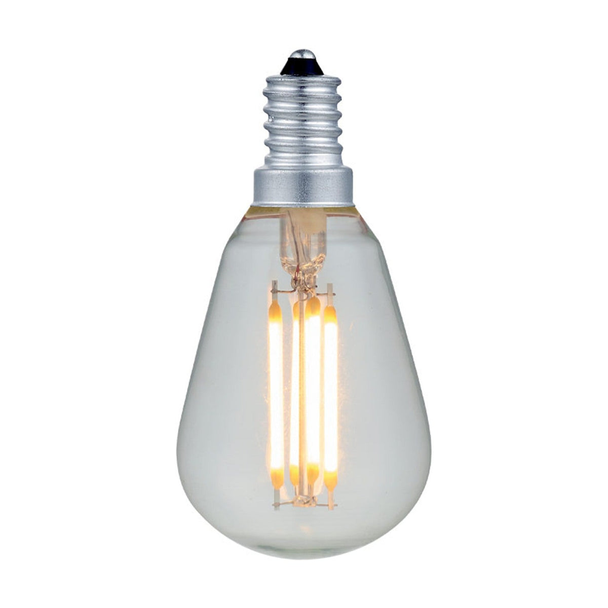 Colors LED Mini Drop Luxe E14 2W Bulb, a clear teardrop glass bulb with four upright LED filaments and a silver E14 screw cap, shown on a plain white background.