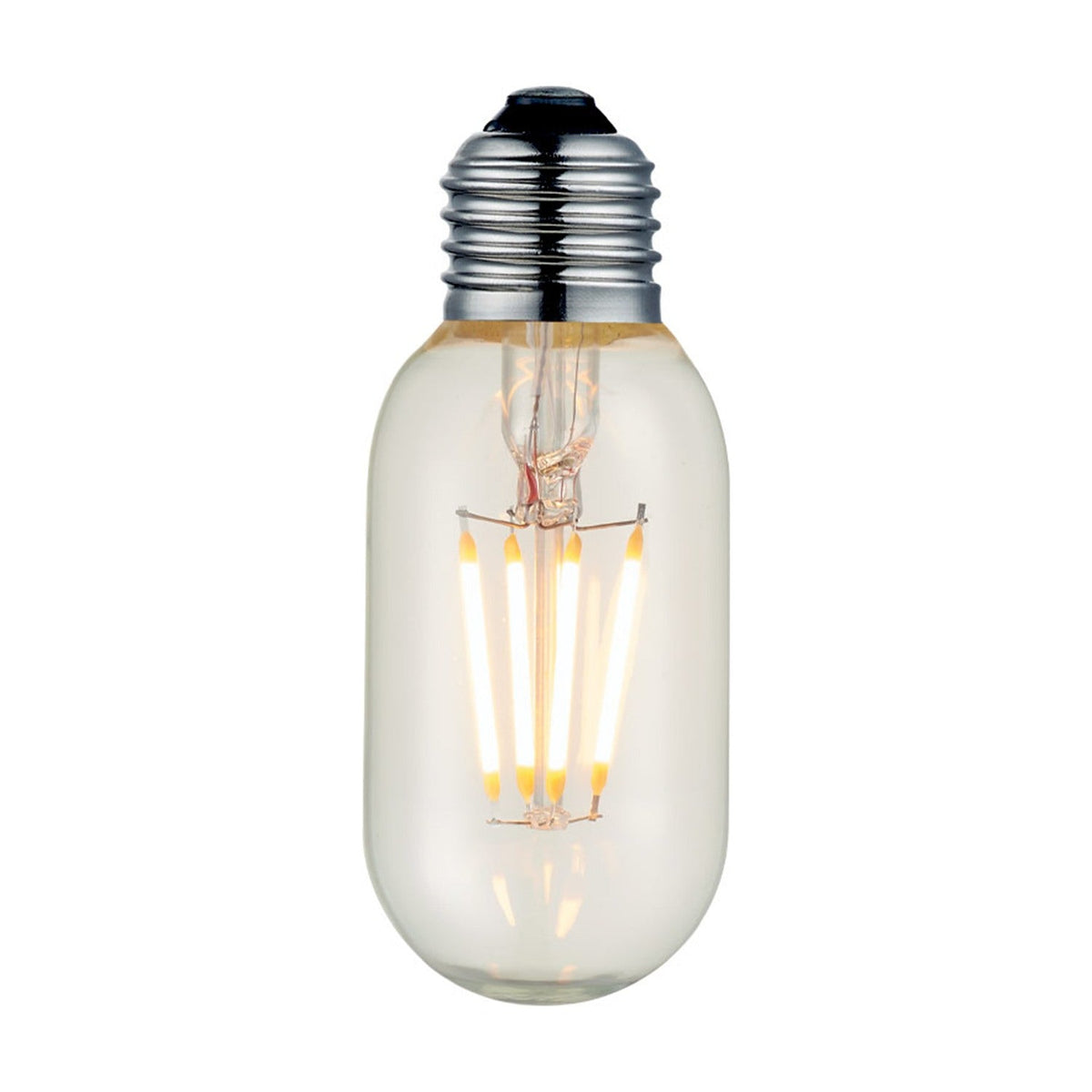 Colors LED Compact Luxe E27 2W Bulb with clear glass tube shape, rounded shoulders, four upright straight filaments, and a silver E27 screw fitting on a plain white background.